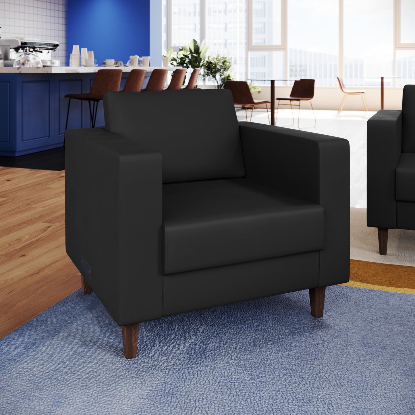 Flash Furniture Hercules Artemis Commercial Chair for Reception and Lobby Use with Solid Wood Legs, 2 Outlets, 1 USB, and 1 USB-C Ports, Black LeatherSoft