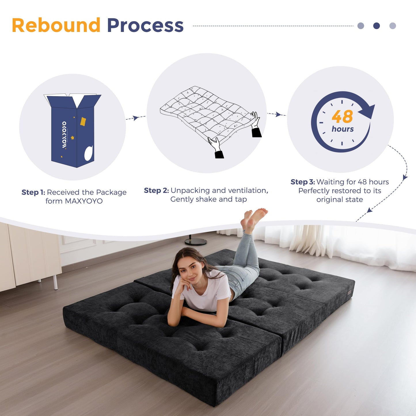 MAXYOYO 6" Folding Sofa Bed for Floor, Tufted Tri-Fold Floor Mattress with Chenille Fabric, Queen Size Portable Sofa Couch Guest Mat for Adults, Foldable Topper for Camping, Black, 59"x78.7"