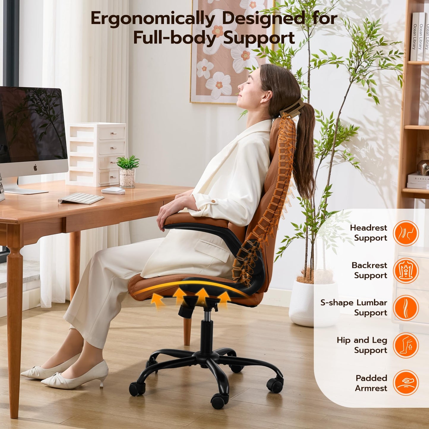Ylzyxal Office Desk Chair, Ergonomic Computer Chair with Padded Flip-Up Arms and Adjustable Lumbar Support, PU Leather Executive Chair with Tilt Lock and 360° Swivel Rolling Wheels for Work, Study