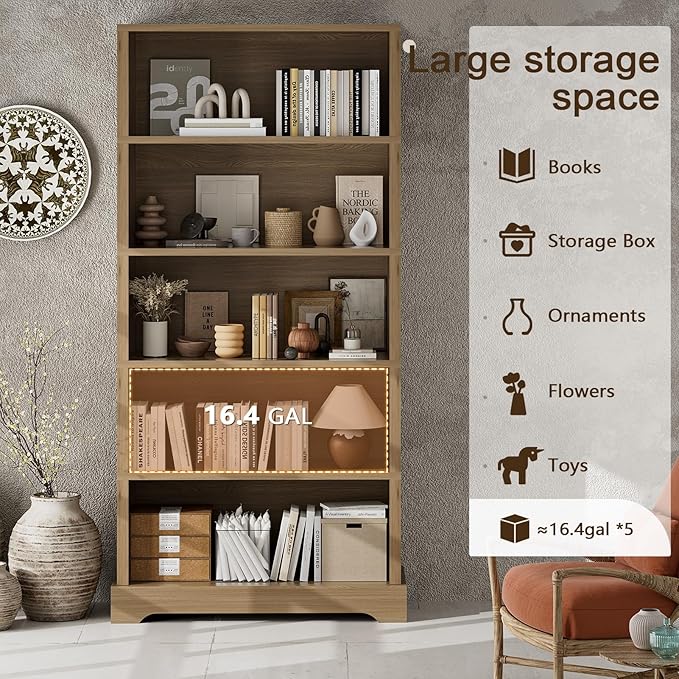 TVU 5-Tier Wooden Bookshelf, 31.5" W Standing Book Shelf
