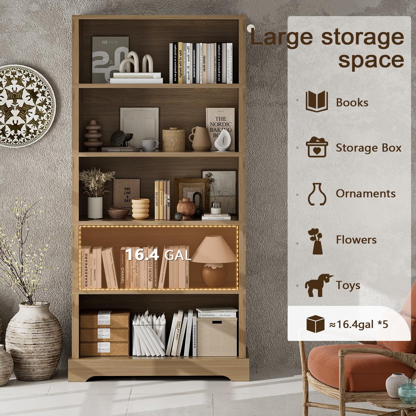 TVU 5-Tier Wooden Bookshelf, 65" Tall Farmhouse Style Open Bookcase, 31.5" W Standing Book Shelf with Storage, Suitable for Study, Living Room, Office, Teak