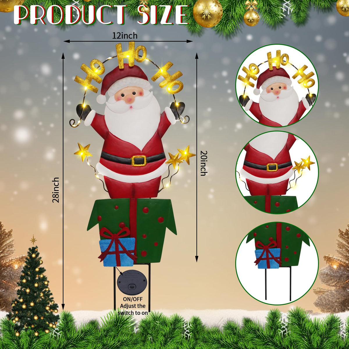 Solar Christmas Lights Outdoor Garden Stakes, 30in Metal Santa Claus Yard Signs with LED String Lights, Waterproof Christmas Decor for Xmas Lawn Pathway Patio Party Winter (Santa Claus)