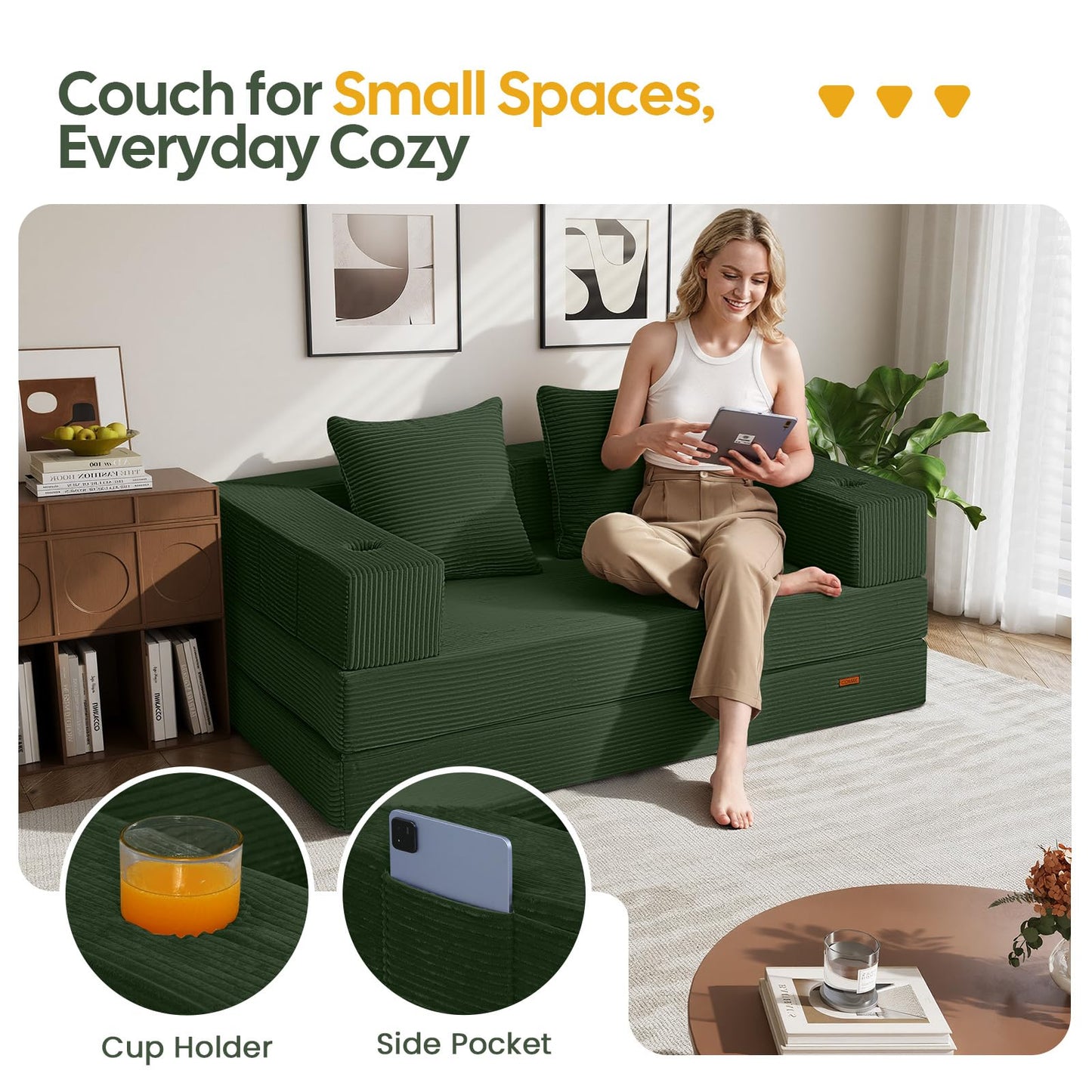 COMAX Futon Sofa Bed, 4‑in‑1 Convertible Sofa Bed, Folding Boneless Couches for Living Room, Fold Out Small Foldable Loveseat Floor Sleeper Comfy Mattress Lounge Space‑Saving, Green