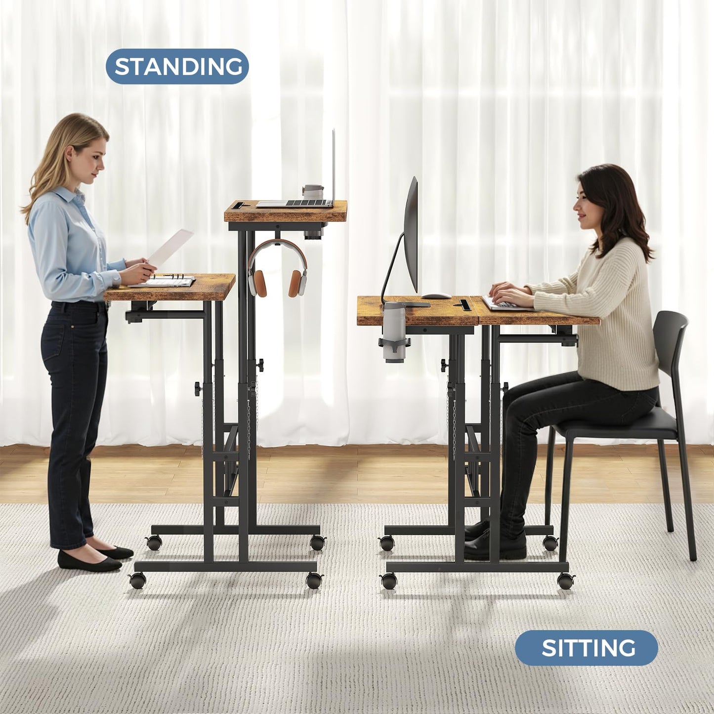 DUMOS Split Top Rolling Standing Desk 23.6 Inch Mobile Laptop Workstation Manual Height Adjustable Sit Stand Office Table Walking Pad Study Surface Portable Home Office Computer Cart Rustic Brown