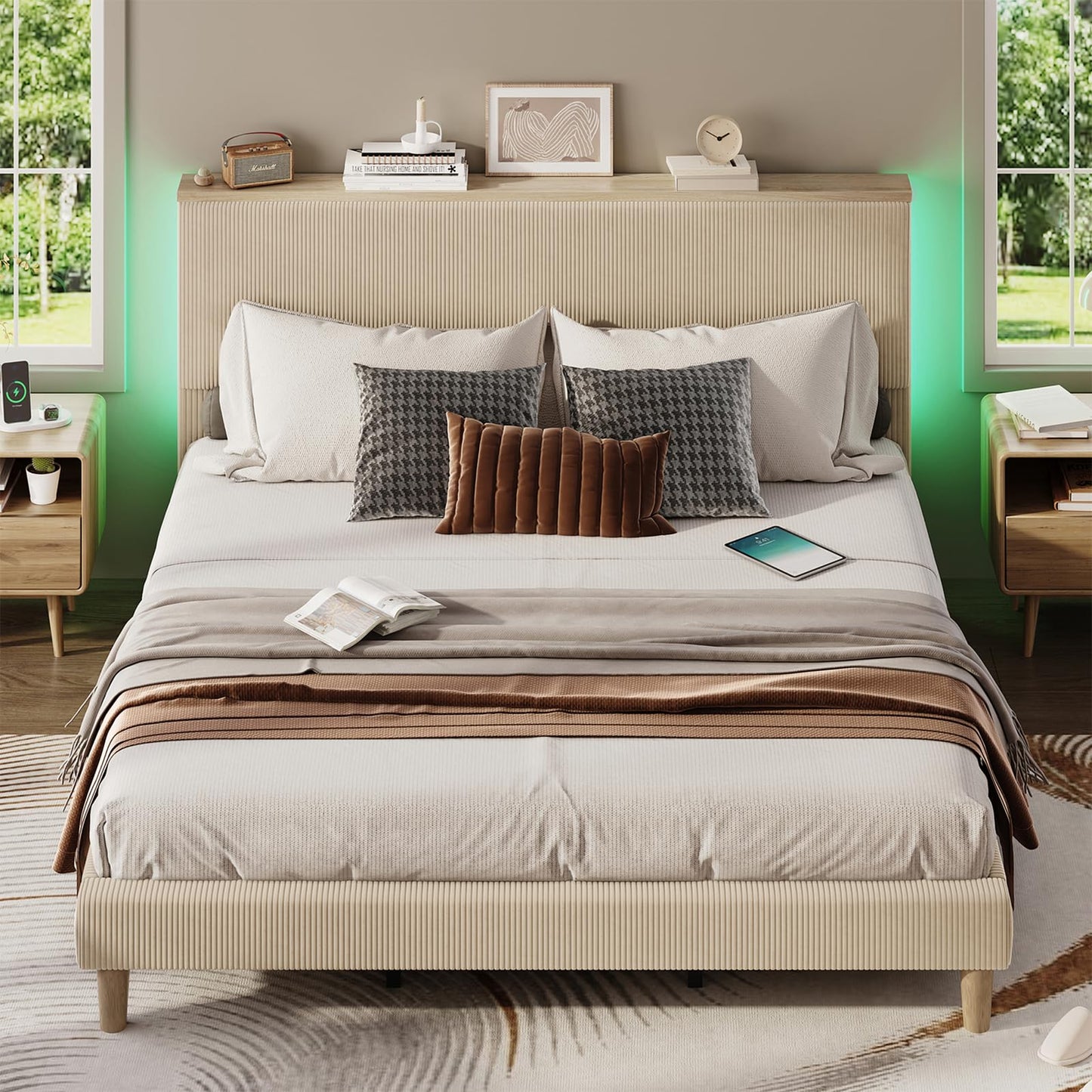 Bestier King Bed Frame with Adjustable Headboard & LED Lighting, Corduroy Upholstered Platform Bed Frame with Storage Shelf, Solid Wood Slats, No Box Spring Needed,Never Squeak, Easy Assembly, Taupe