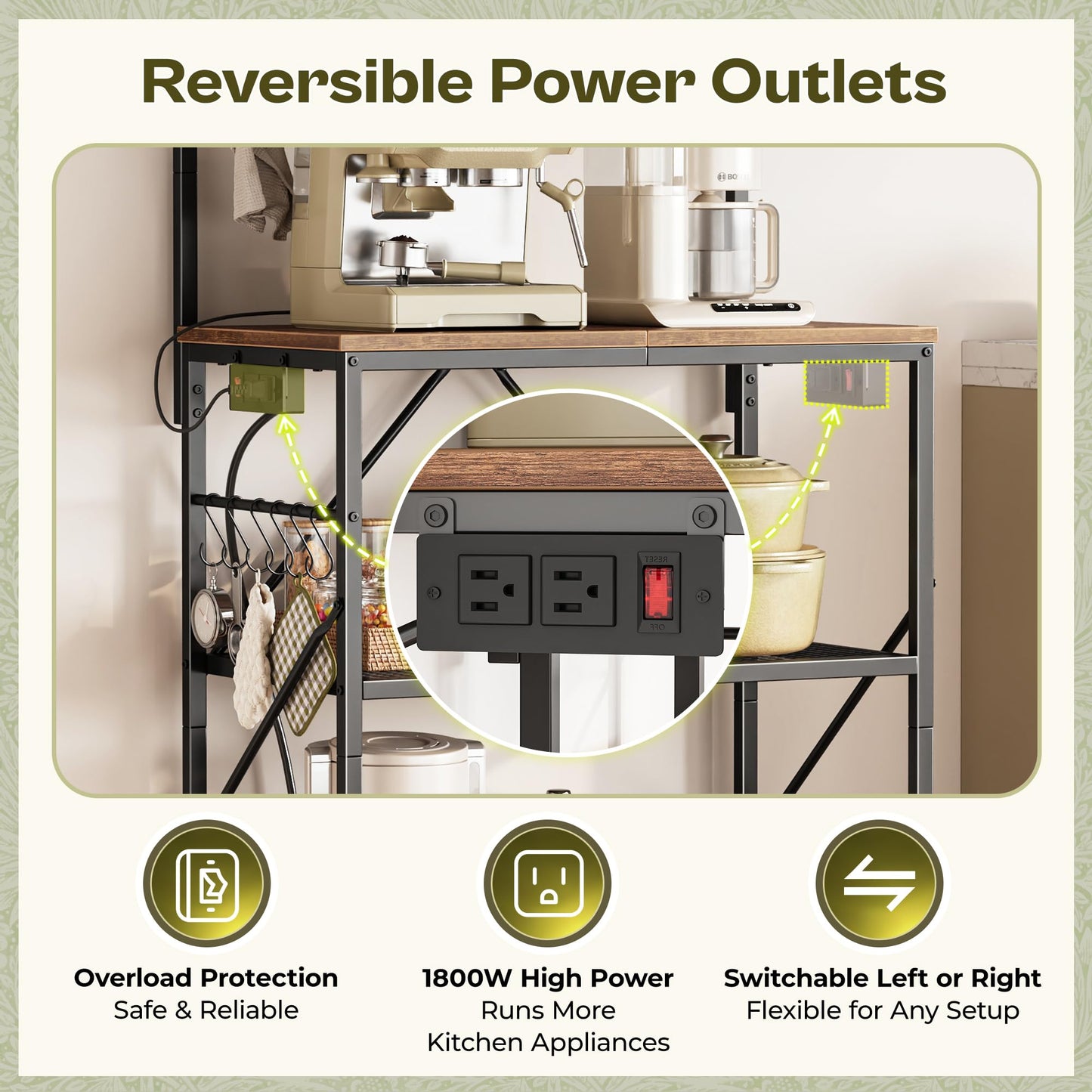 Huuger 4-Tier Bakers Rack with Reversible Power Outlet, 23.6 Inch Microwave Stand, Kitchen Coffee Bar, with Top Shelf, 6 S Hooks, Rustic Brown