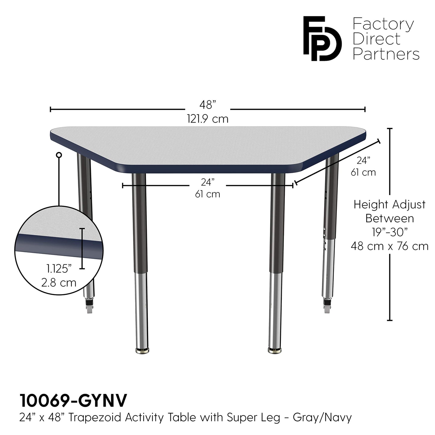 FDP Mobile Trapezoid Activity School and Office Table (24 x 48 inch), Super Legs with Glides and Casters for Collaborative Environments, Adjustable Height 19-30 inches - Gray Top and Navy Edge