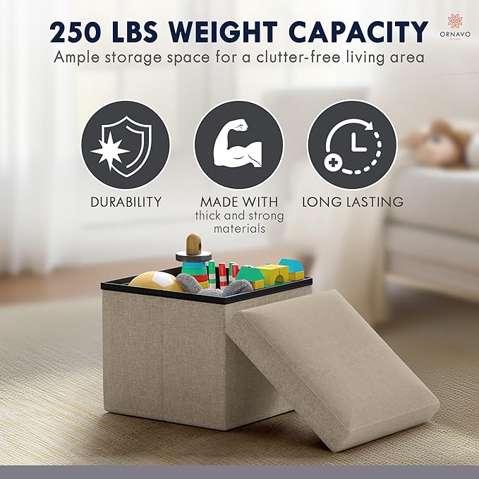 Ornavo Home Small Storage Ottoman Foldable Collapsible Cube Square Linen