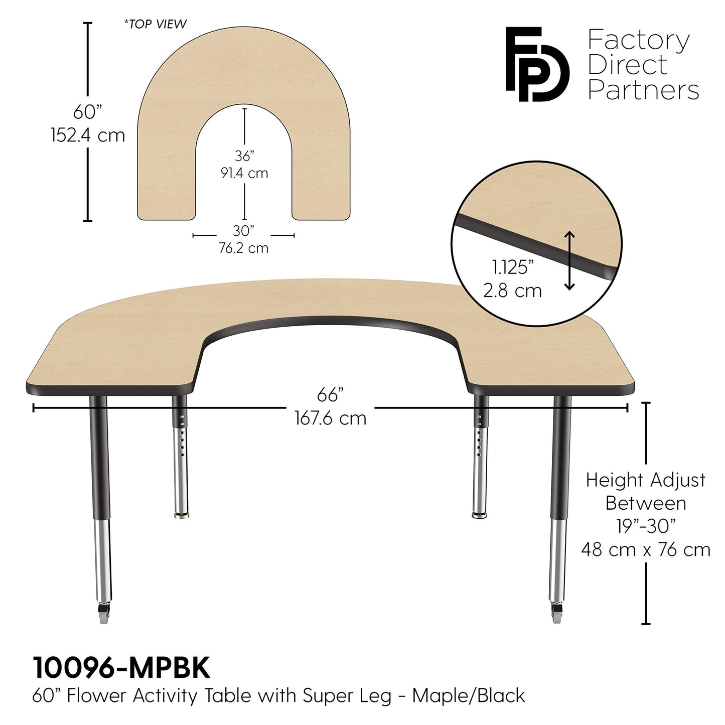 FDP Mobile Horseshoe Activity School and Office Table (60 x 66 inch), Super Legs with Glides and Casters for Collaborative Environments, Adjustable Height 19-30 inches - Maple Top and Black Edge