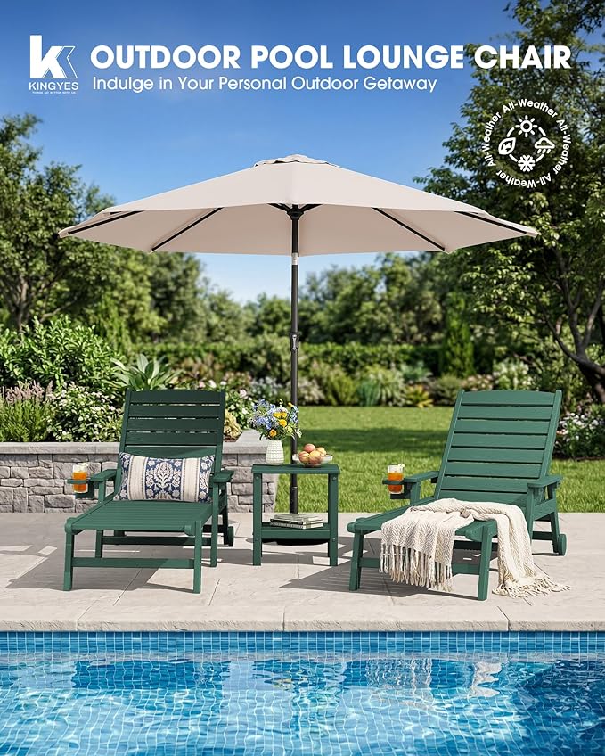 KINGYES HDPE Lounge Chair Outdoor Set of 4, Patio Chaise Lounge Recliner