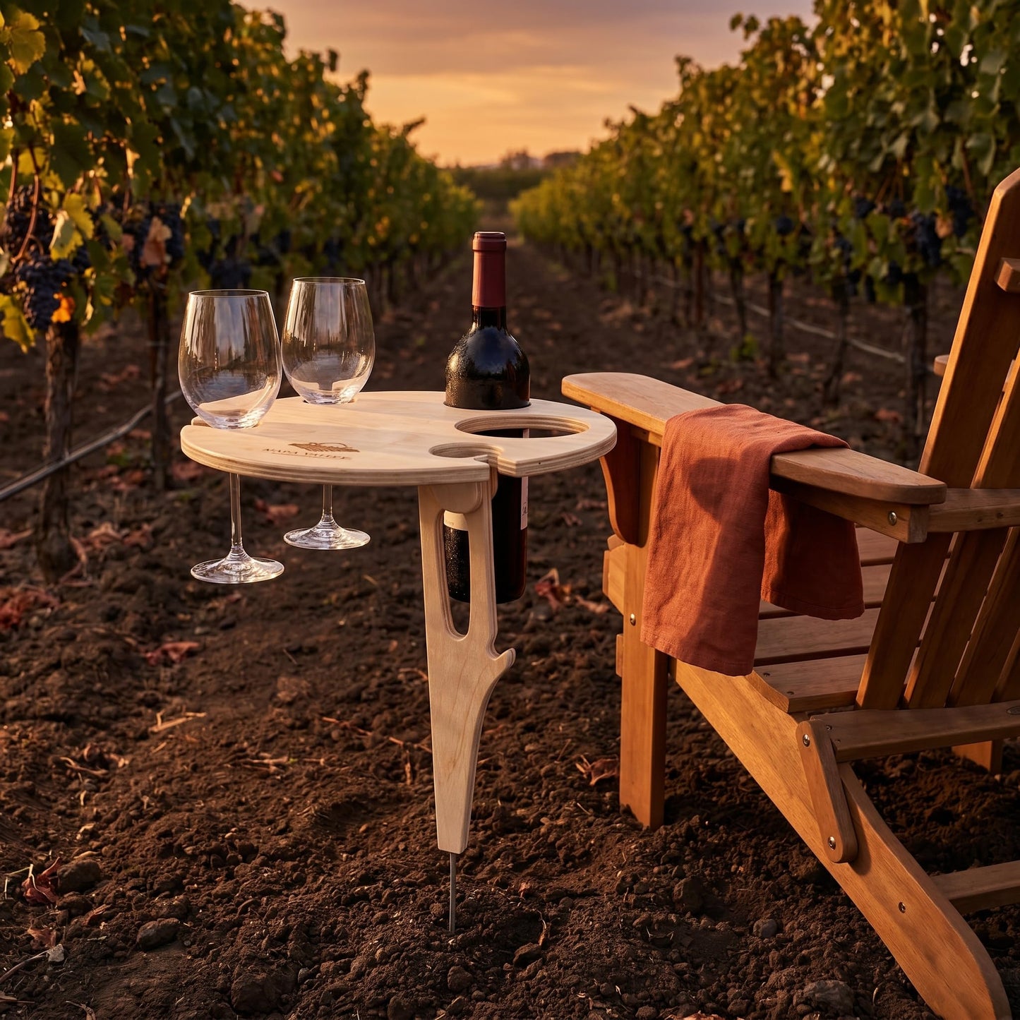 Snugluxe Outdoor Wooden Folding Wine Table, Ground Insert with Glass Holder