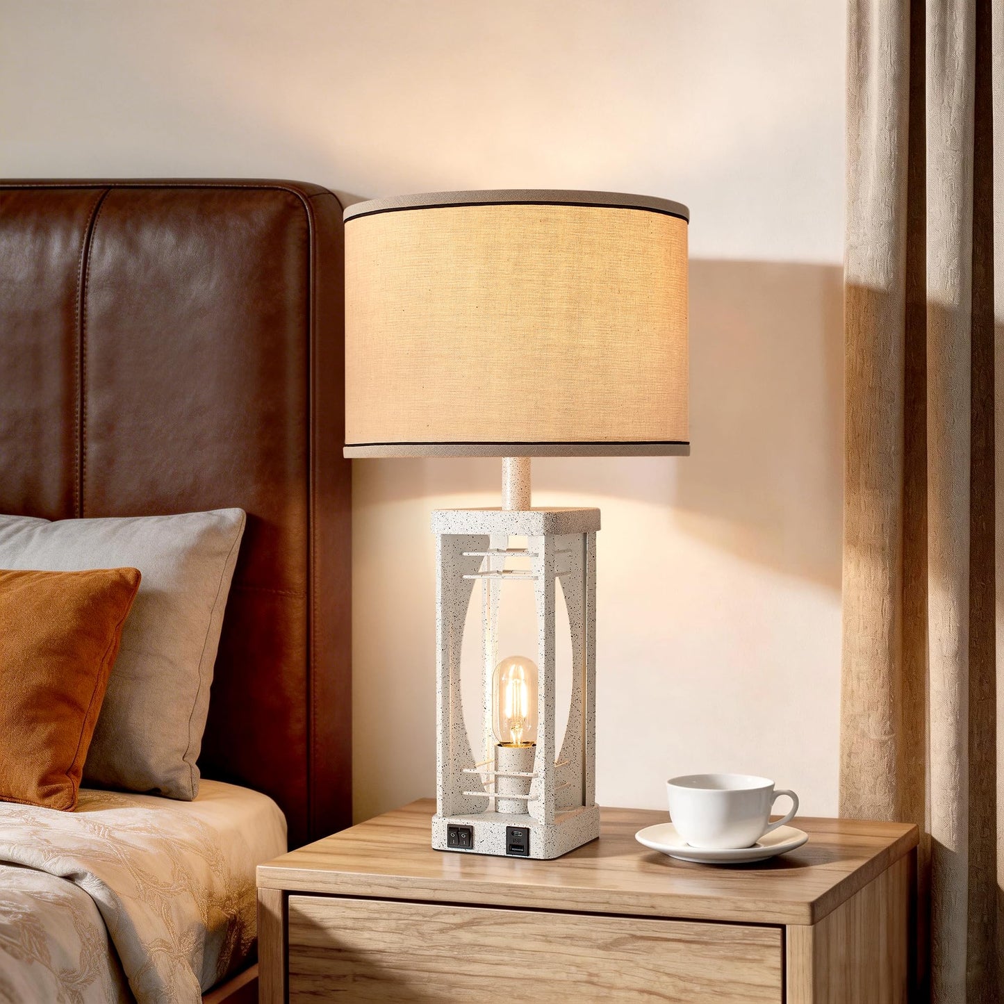 SRJJA Farmhouse Table Lamps Set of 2 for Living Room, Modern Industrial Bedside Lamps with USB A+C Charging Ports, 22.5" Dual Light Nightstand Lamp with Linen Shade for Bedroom End Tables
