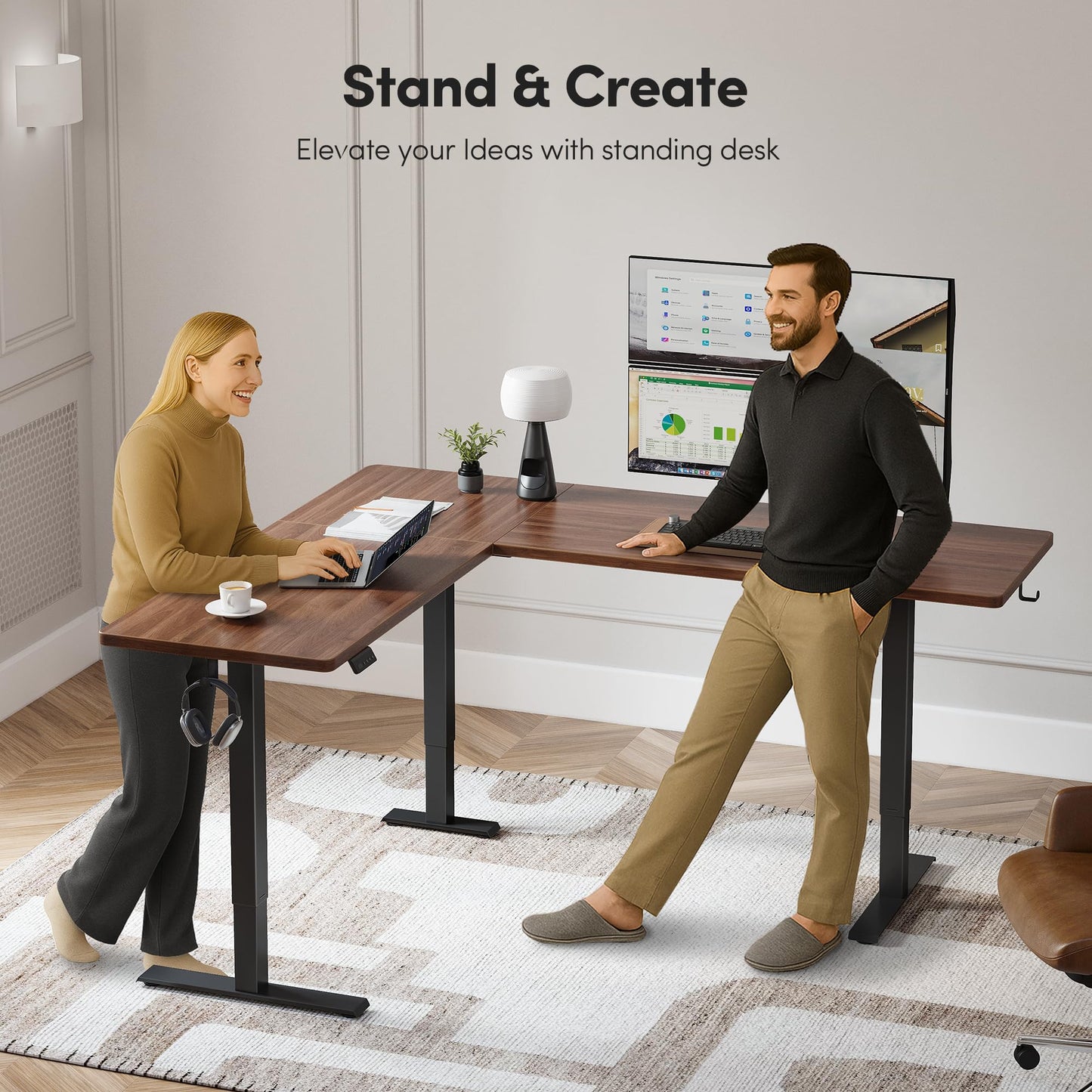 FEZIBO 63" x 55"L Shaped Standing Desk Adjustable Height, 63 Inch Electric Stand up Corner Computer Desk, Sit Stand Home Office Desk with Splice Board, Black Frame/Black Walnut Top