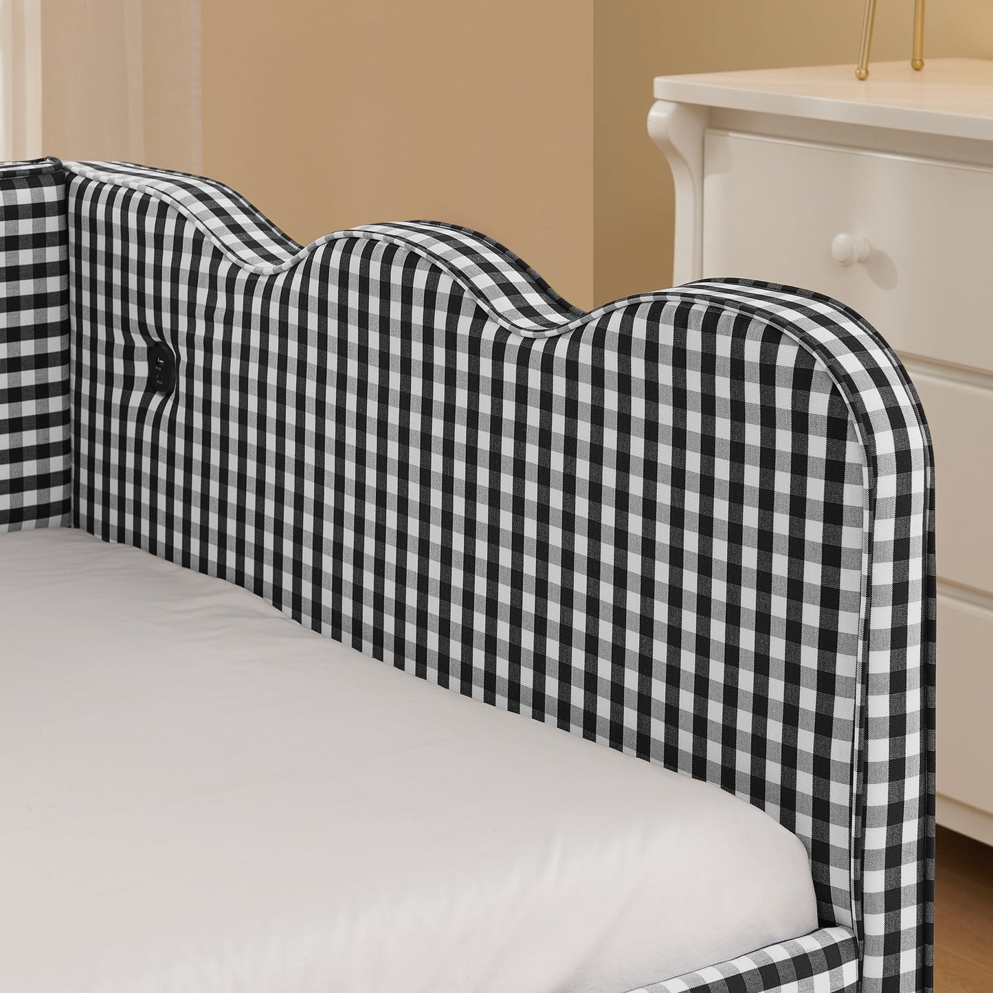 YHMHWZ Grid Linen Upholstered Daybed with Pull Out Trundle, Wave Curved Headboard Sofa Bed with USB Port, No Box Spring Required, Twin Size Guest Bed for Bedroom Guest Room