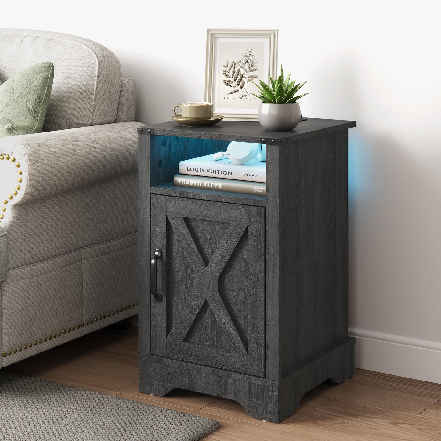 RoyalCraft Farmhouse Nightstand, End Table with LED Lights and Charging Station, Tall Bedside Table with Large Storage and Shelf, Wooden Side Table for Bedroom, Home Office, Dark Grey