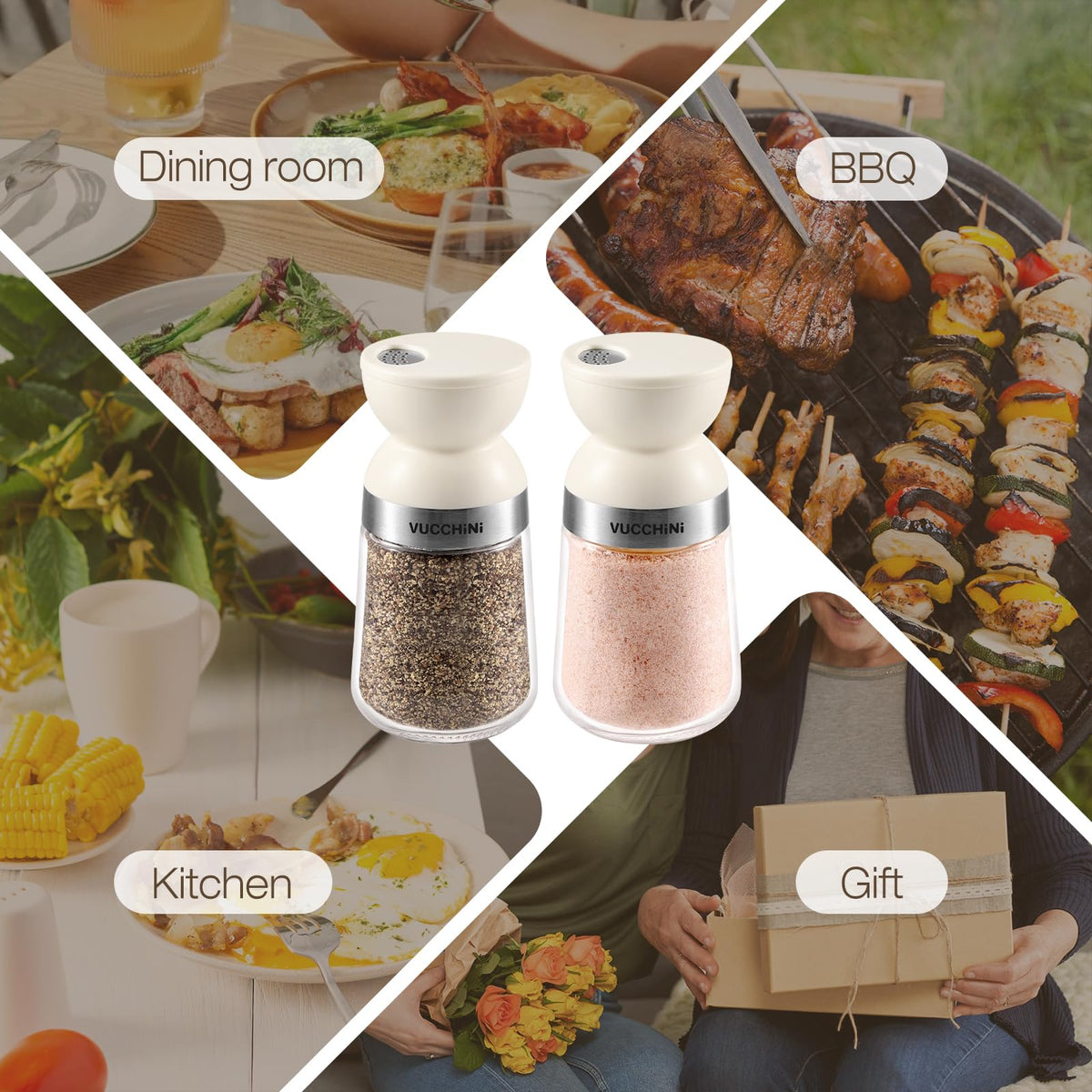 Vucchini Salt and Pepper Shaker Set 3 Adjustable Pour Holes, Dishwasher Safe, 5oz Large Capacity Spice Shaker for Kitchen & Camping (Cream)