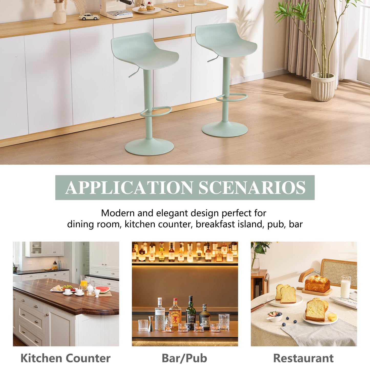 YOUNIKE Adjustable Height Bar Stools Set of 2 Plastic Swivel Barstool with Low Back Modern Kitchen Counter Island Bar Chairs for Breakfast Nook Cafe Bars Office Mint Green