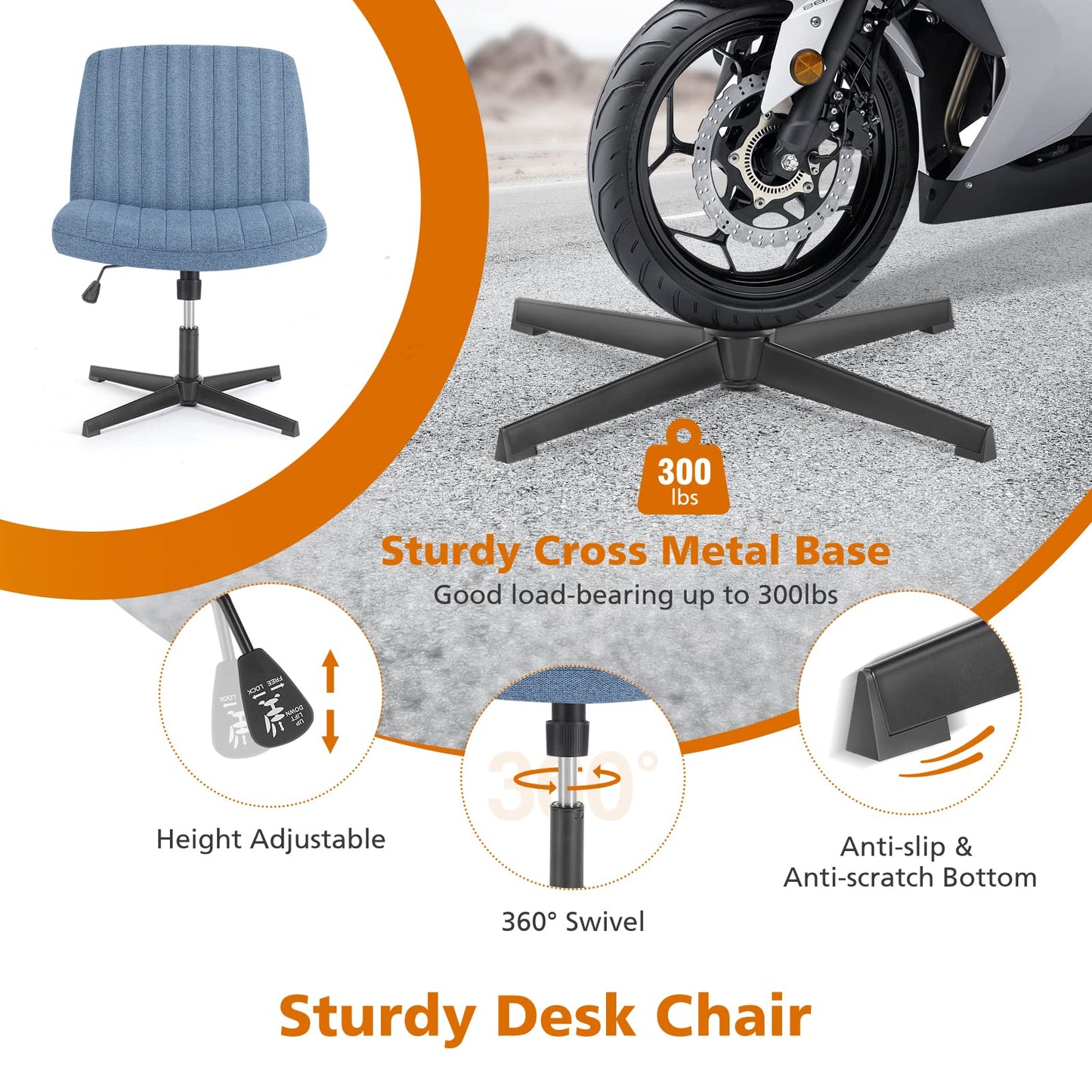 Sweetcrispy Criss Cross Chair Legged, Armless Office Swivel Desk Chairs No Wheels, Vanity Height Adjustable Wide Seat Comfy Cute Computer Task Seating for Home Bedroom,Blue