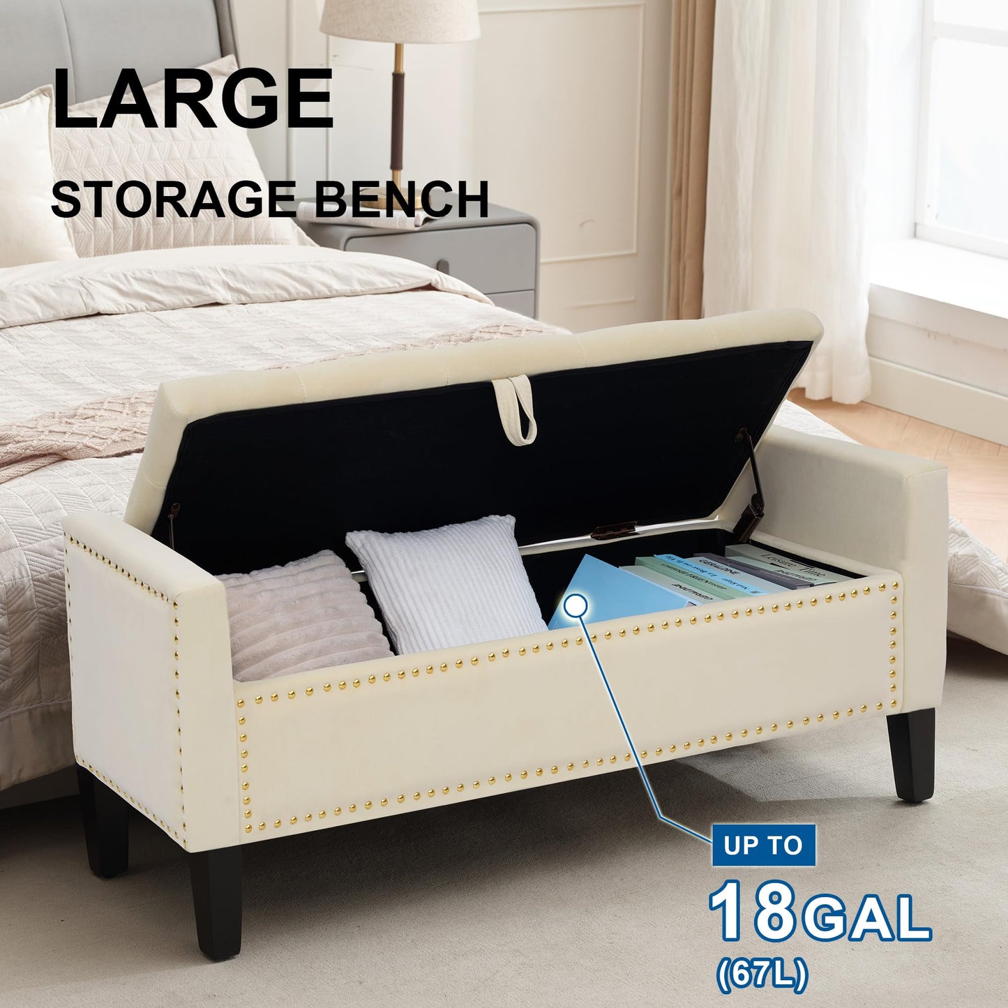 UDAX Storage Ottoman Bench, Velvet Upholstered Footstool for Bedroom and Living Room, Frosted Flannel Seat with Storage, Wooden Legs & Metal Rivets, Beige