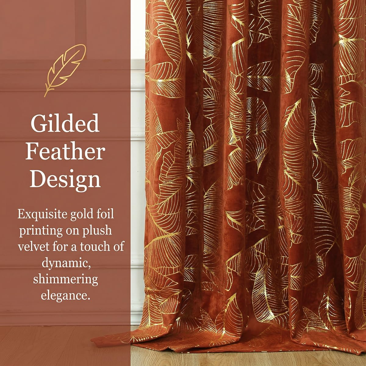Tootop Burnt Orange Velvet Curtains Leaf Gold Foil Print 63" Long Soft Shiny Thick Fabric Insulated Blackout 70% Decorative Luxury Living Room Elegant Bedroom Rod Pocket 2 Panel (52" W x 63" L)