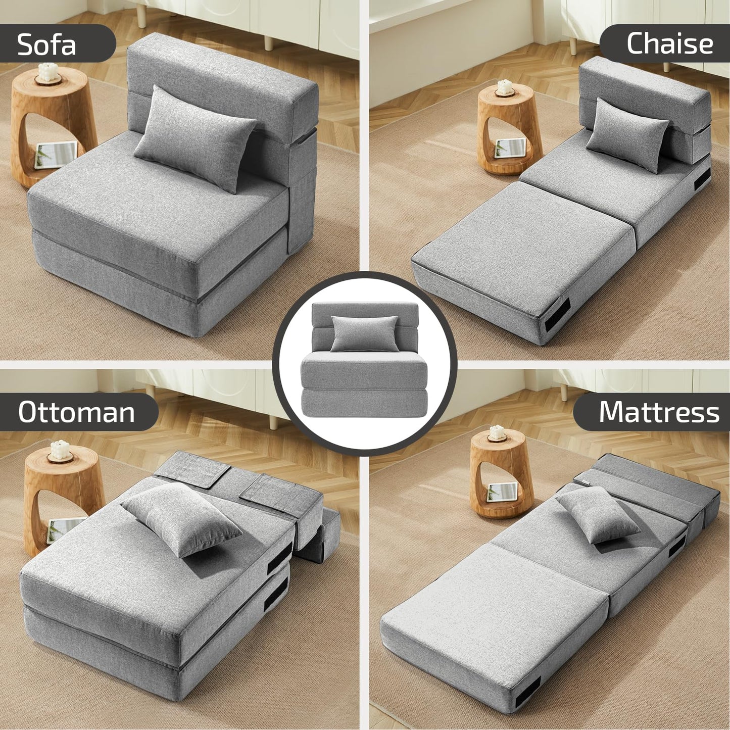 SUYOLS Folding Sofa Bed with Pillow- Convertible Chair Floor Couch & Sleeping Mattress, Foldable Memory Foam Sleeper for Living Room/Dorm/Guest Room/Home Office/Apartment/Loft, Single26, Light Gray
