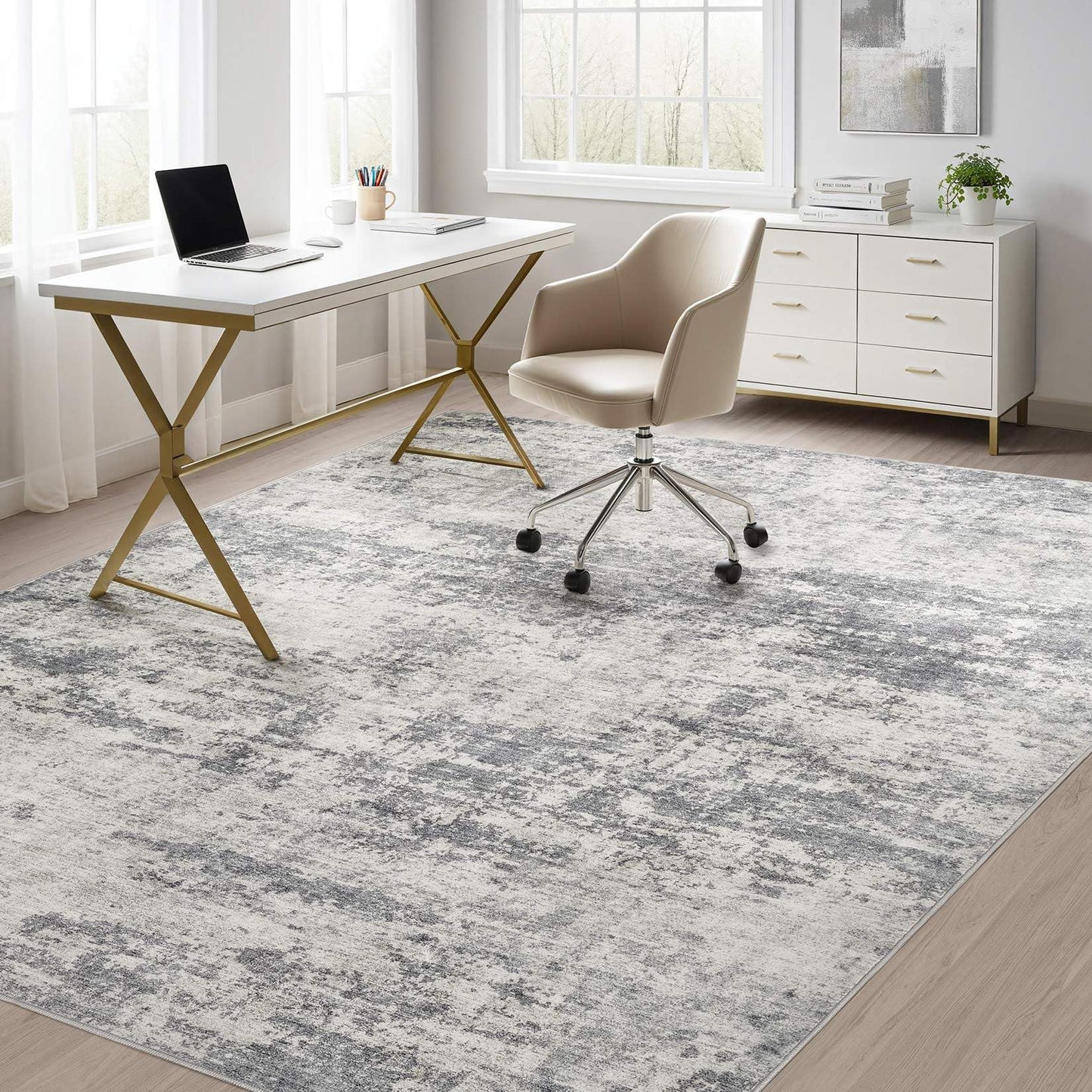 TARANCH Abstract 6x9 Area Rug: Machine Washable Non Slip Ultra Thin Low-Pile Carpet, Soft Stain Resistant for Living Room Bedroom Nursery, Kid Pet Friendly, Robot Vacuum Compatible - Grey Beige
