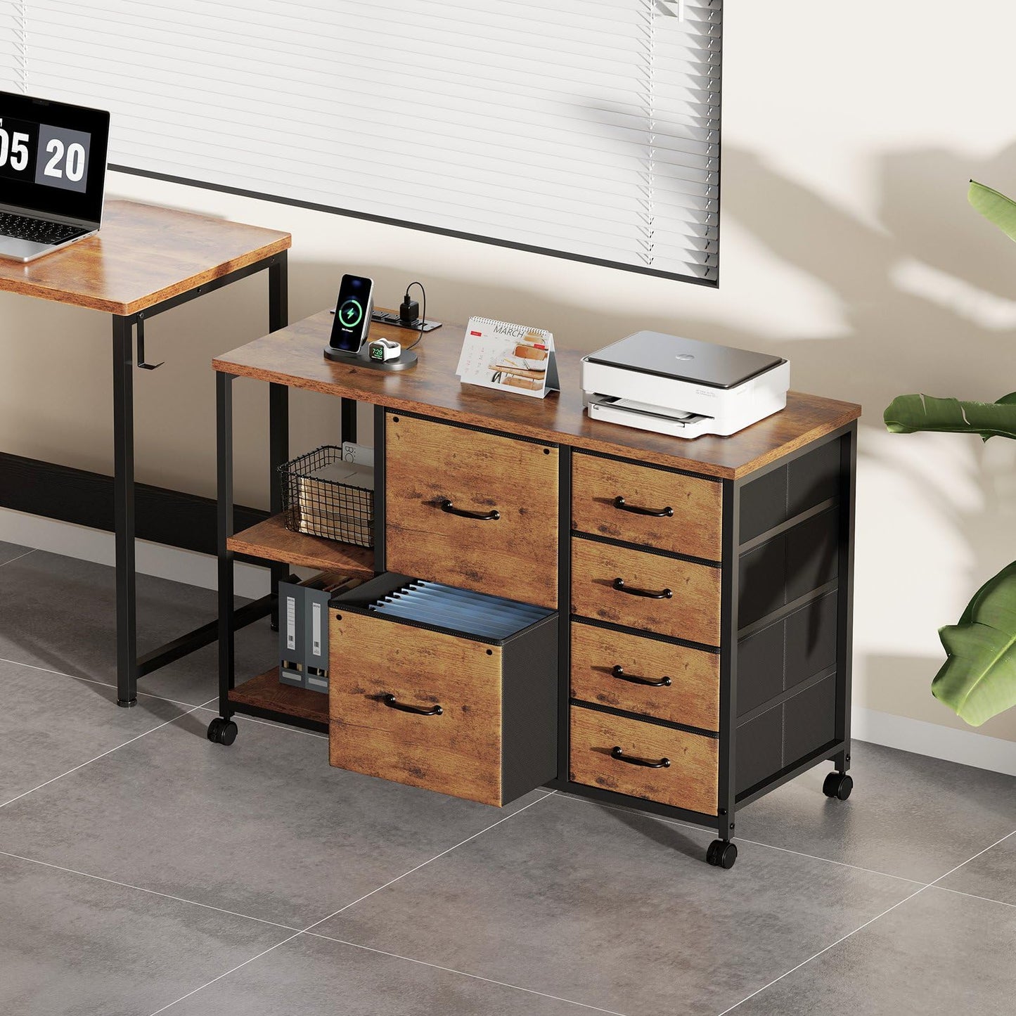 Maihail 6 Drawer File Cabinet with Charging Station Rolling Printer Stand with Open Storage Shelf Fabric Lateral Filing Cabinet for Home Office,Rustic Brown2