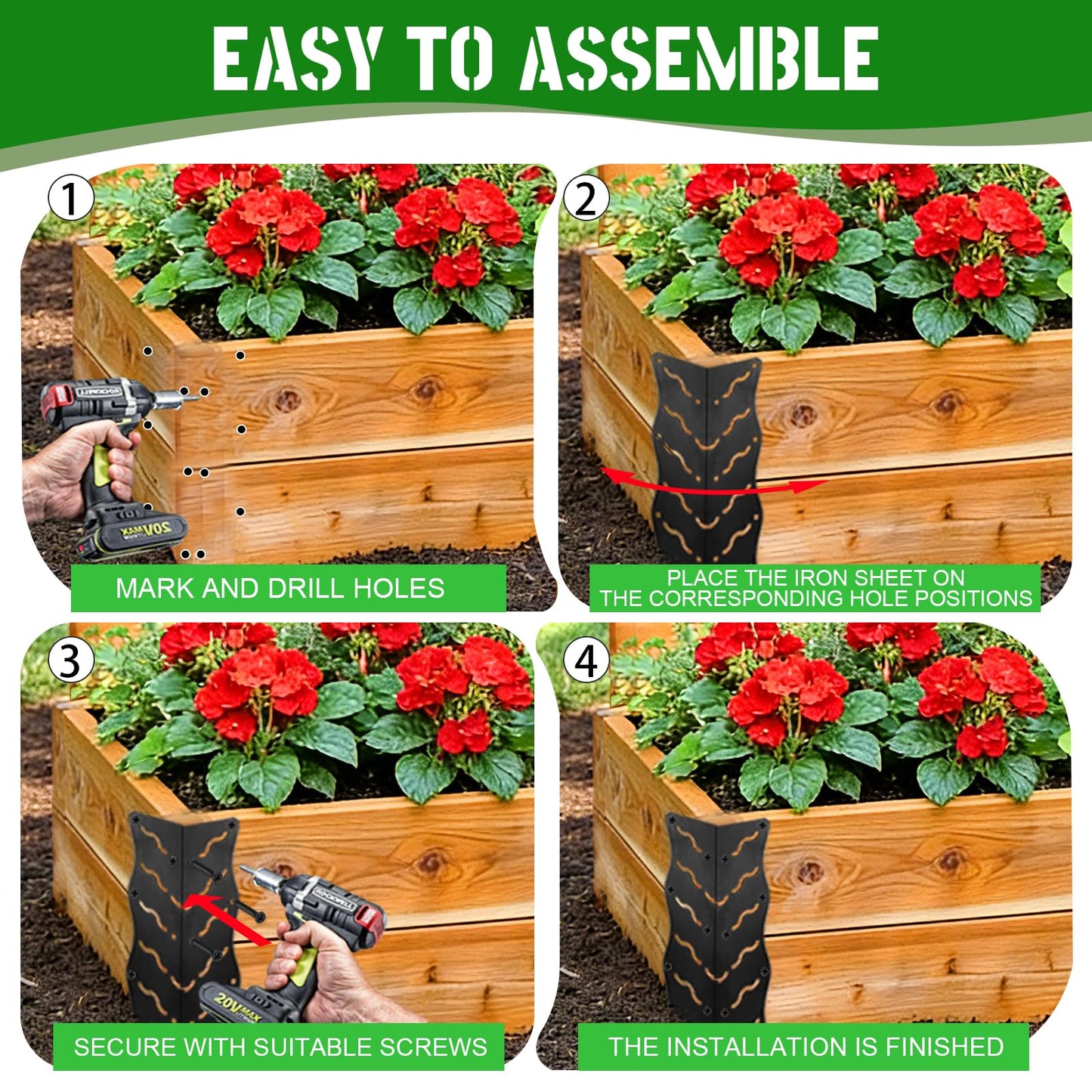 8-Pack Raised Garden Bed Corner Brackets, 11”x3”x3” Heavy Duty Metal Connectors for 20-24 Inch Flower Beds - Includes Long & Short Screws,Rust-Resistant L-Shaped Reinforced Edging