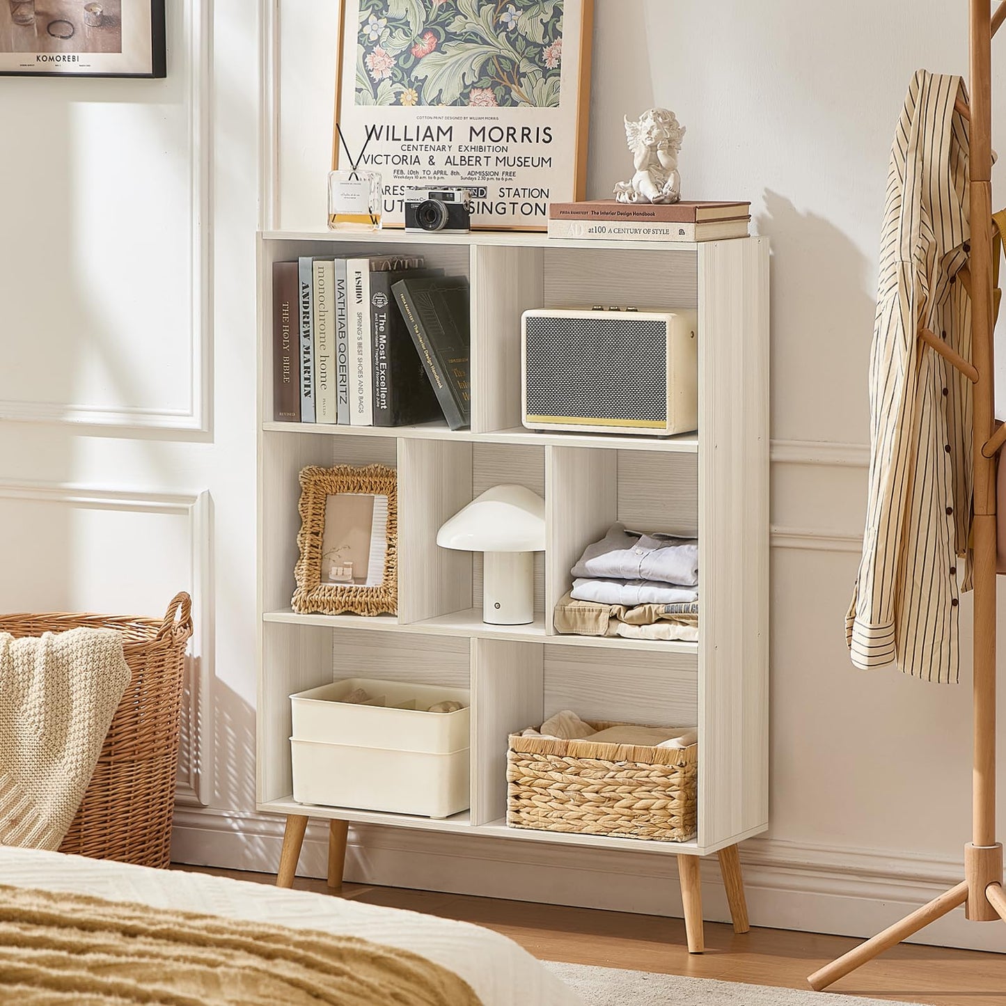LEYAOYAO Cube Bookshelf 3 Tier Mid-Century Light Grey White Modern Bookcase with Legs,Retro Wood Bookshelves Storage Organizer Shelf,Freestanding Open Book Shelves for Bedroom,Living Room,Office