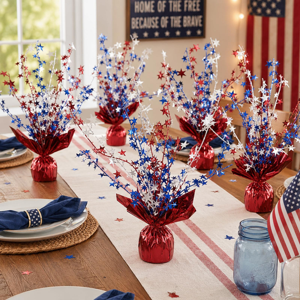 6pcs 4th of July Table Centerpiece Decoration Patriotic Metallic Foil Spray Star Burst Decoration for Independence Day 250th Anniversary Memorial Labor Veteran Day Red White Blue