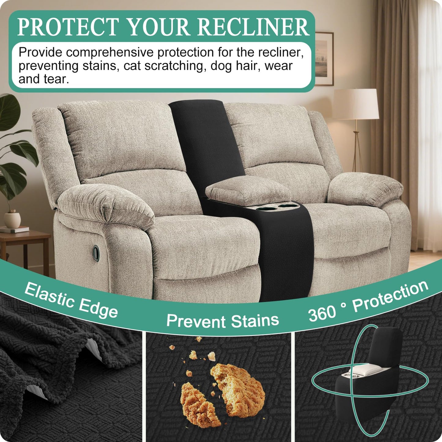 ROFASVCO Waterproof Reclining Sectional Couch Covers Washable L Shaped Couch Cover for Sectionals Recliner Sofa Covers Stretch Corner Recliner Slipcovers for Dogs (Console Cover, Black)
