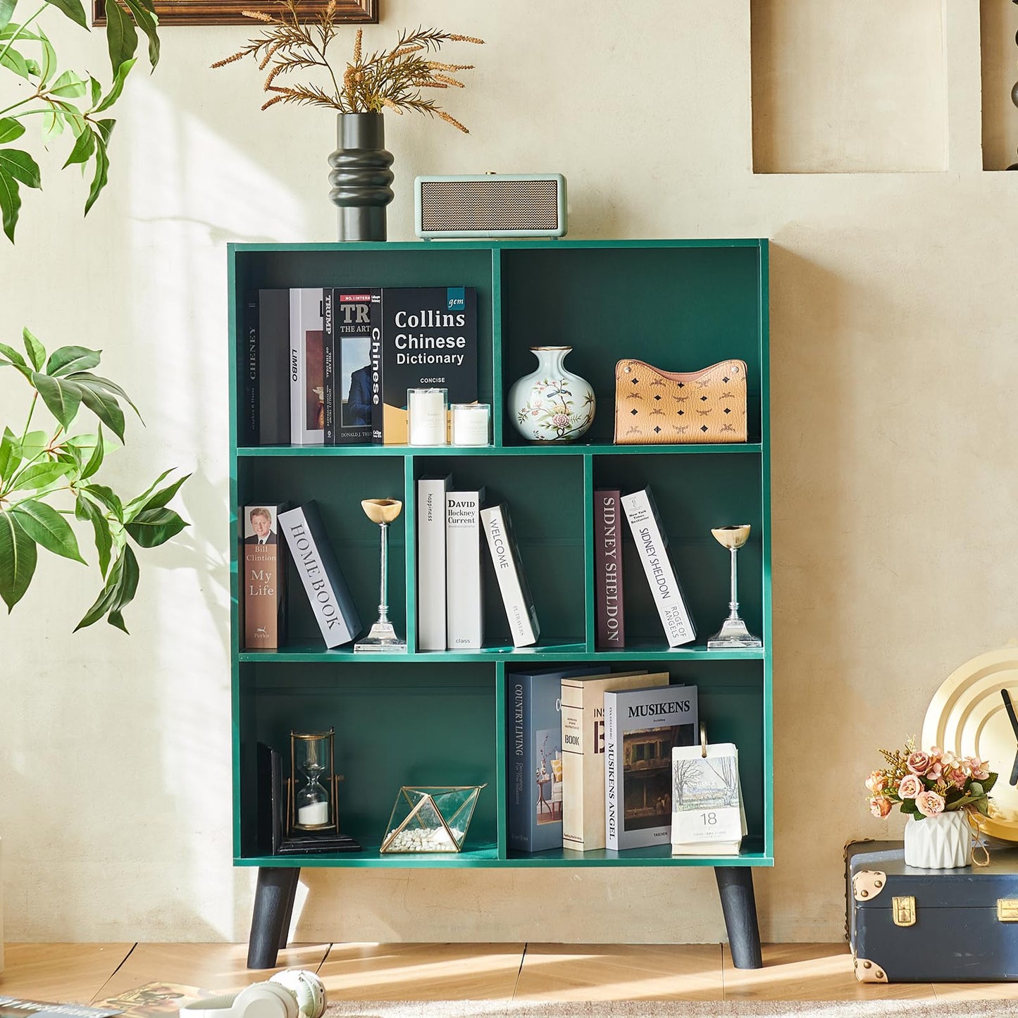 LEYAOYAO Cube Bookshelf 3 Tier Mid-Century Dark Green Modern Bookcase with Legs,Retro Wood Bookshelves Storage Organizer Shelf,Freestanding Open Book Shelves for Bedroom,Living Room,Office