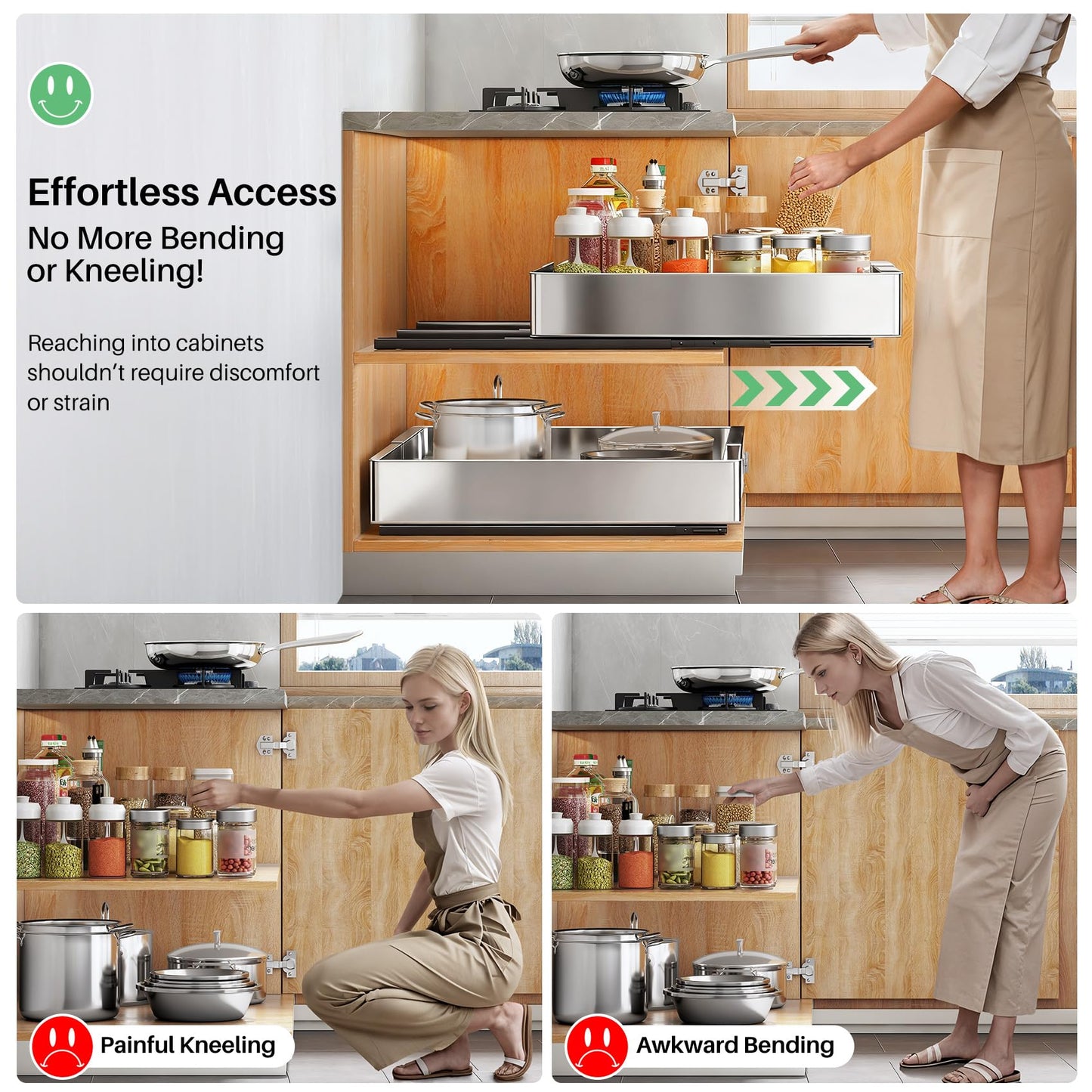 Pull out Cabinet Organizer, Stainless Steel Expandable(12"-20") Heavy Duty Slide out Drawers Fixed with Adhesive Nano Film for Pots, Roll out Shelf Storage for Kitchen Base(Silver-2pcs)(3 Rails)