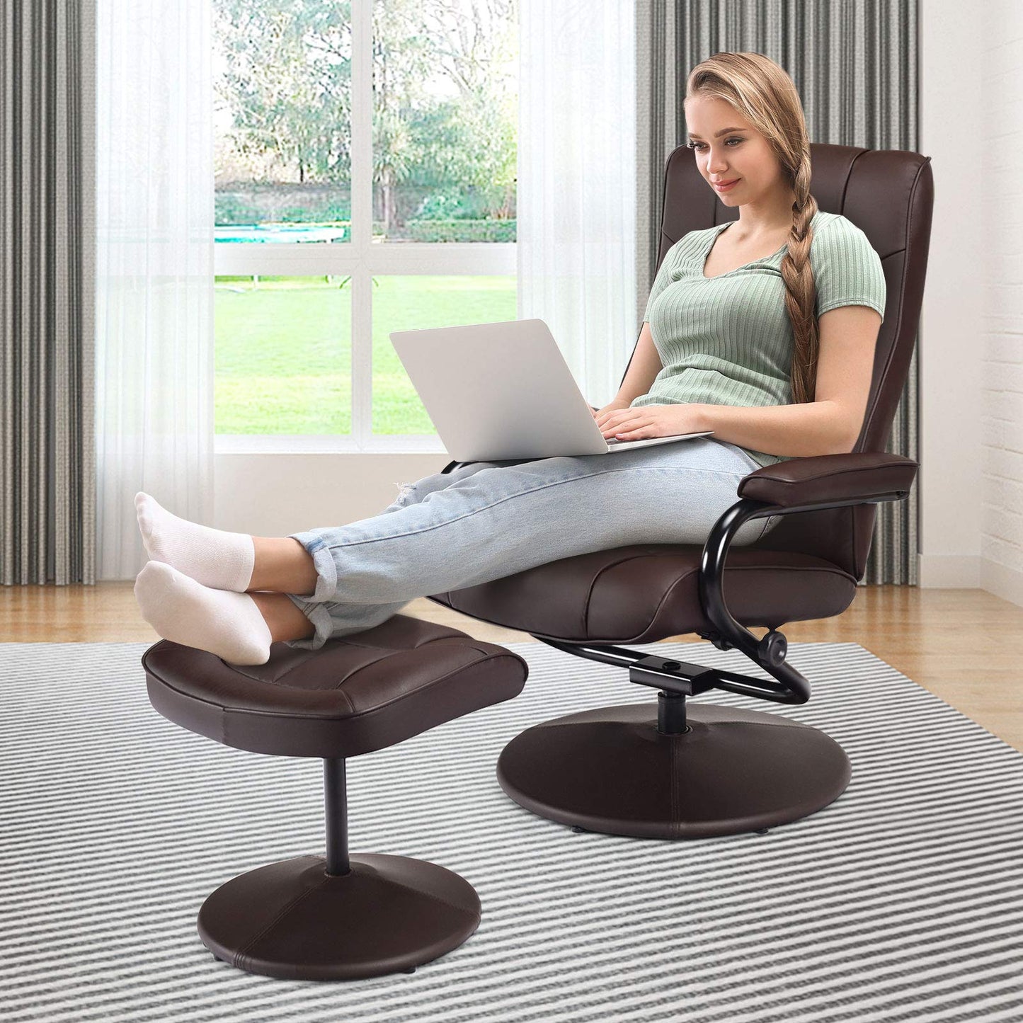 WATERJOY Swivel Recliner Chair, PU Leather Lounge Armchair Recliner, 360 Degree Swivel Overstuffed Padded Seat Chair with Footrest Stool Ottoman Set for Office Living Room Brown