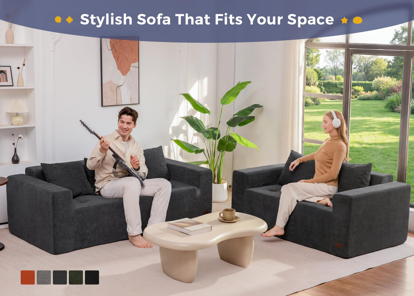 MAXYOYO Modular Sofa Couch, 61" Loveseat Boneless Cloud Couch with Deep Seat, Chenille Upholstered Living Room Comfy Sofa Chair for Living Room, No Assembly Required, Dark Grey