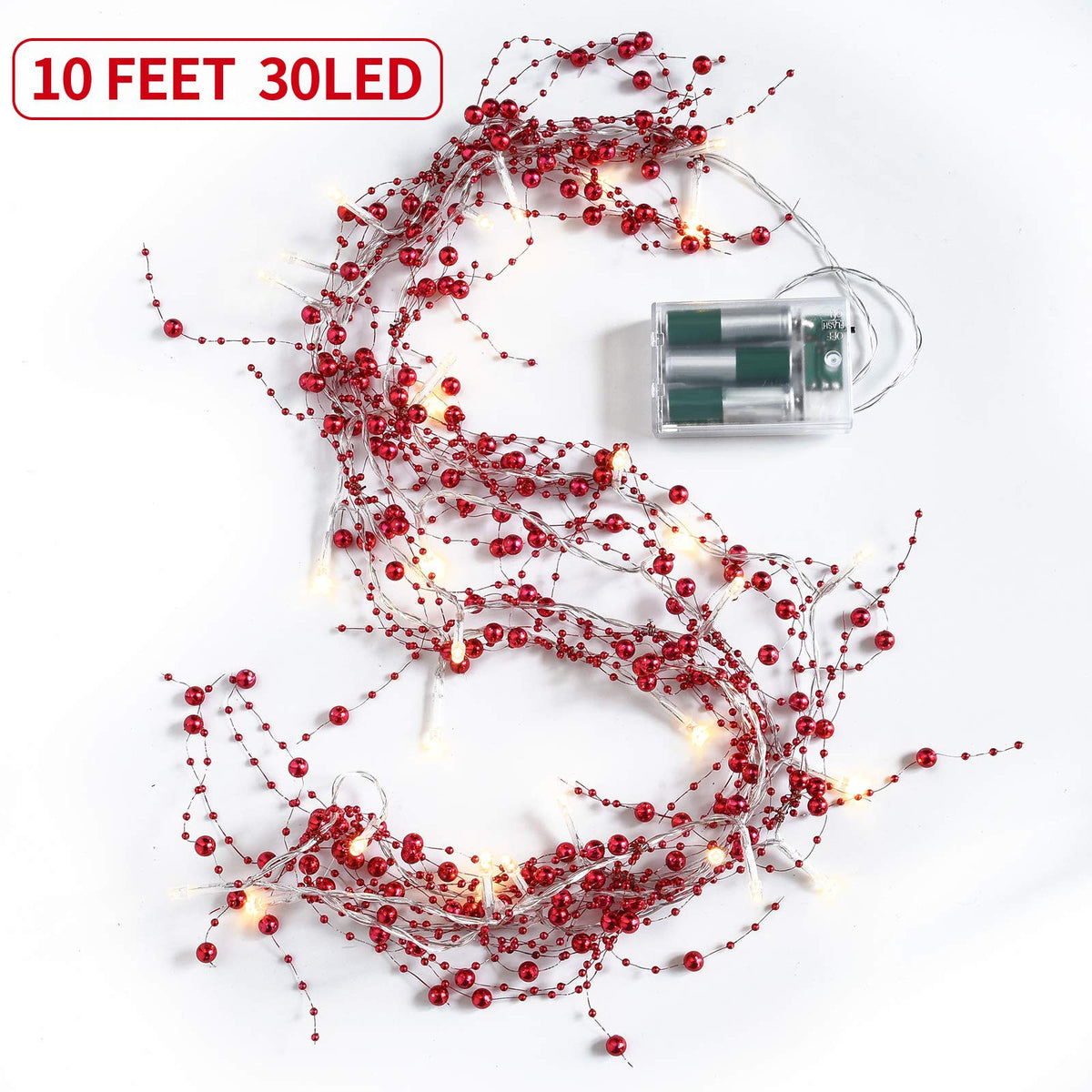 Mudder 10 Feet 30 LED Christmas Light Metal Berry Beaded Garland Indoor Christmas String Lights for Fireplace Mantel Indoor Xma Light Decorations(Red)