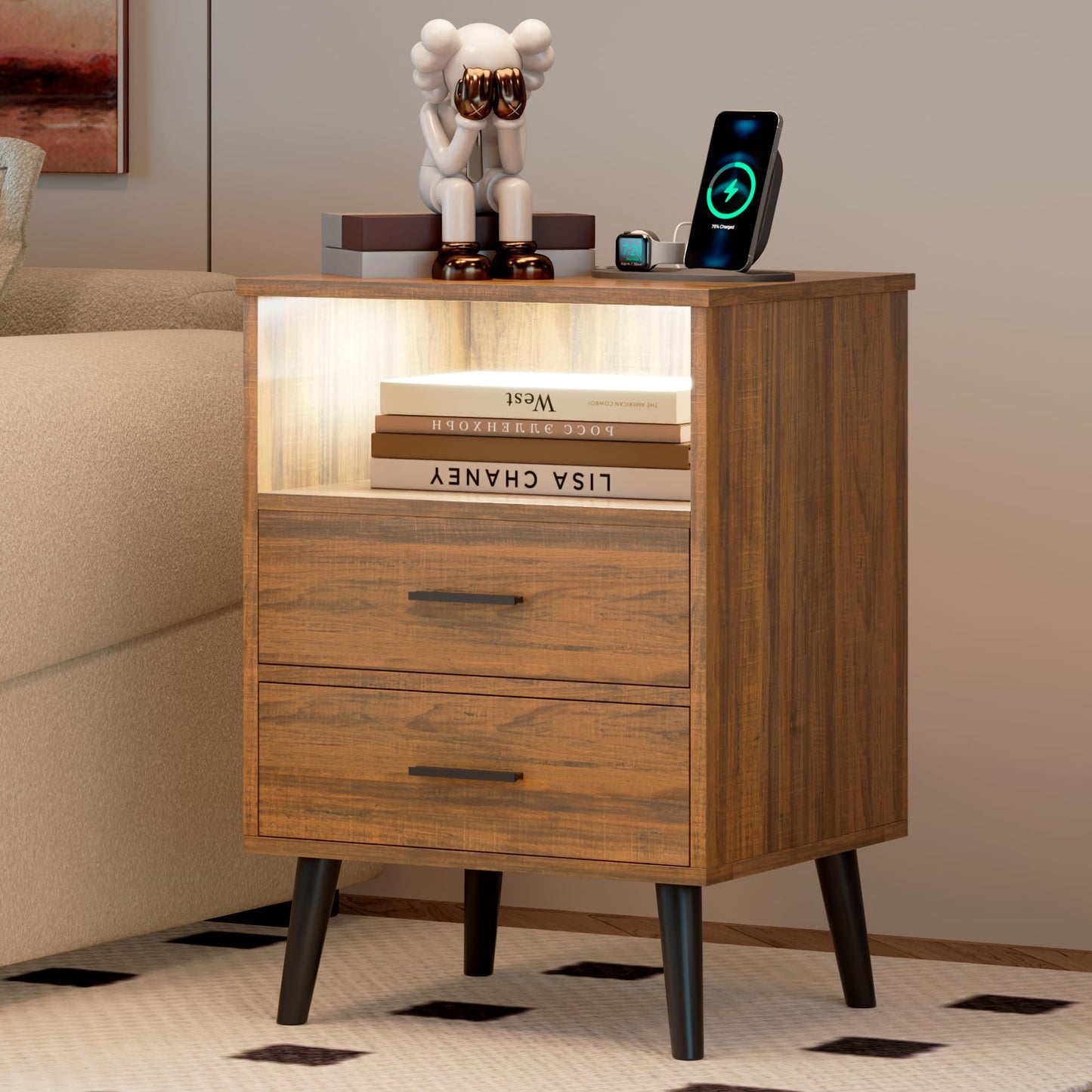 LVSOMT Nightstands Set of 2, Nightstand with Charging Station and USB Ports, Rustic Brown Bedside Table with Open Shelf, Mid Century Modern Nightstand with 2 Drawers, Night Stands for Bedroom