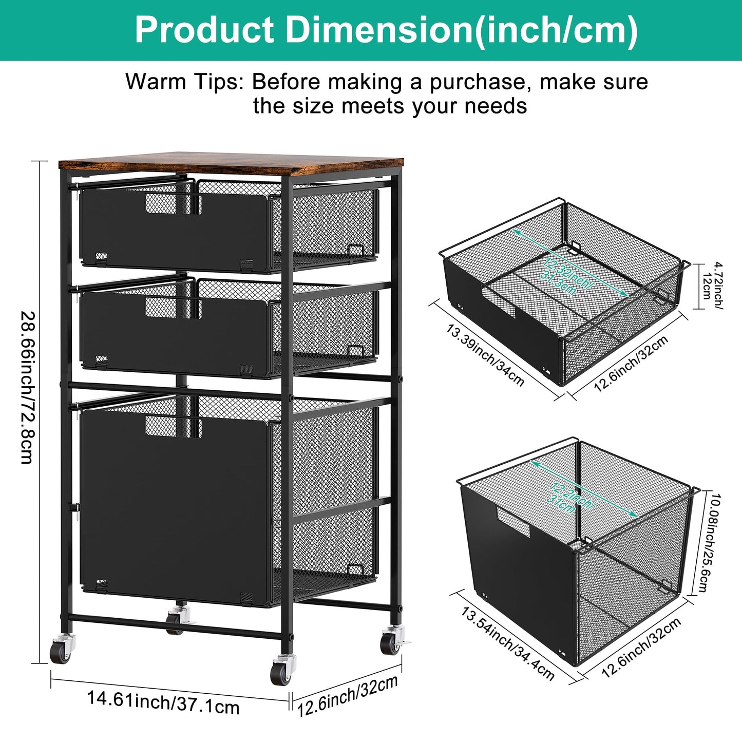 Solinxe 3-Drawer Storage Organizer, Under Desk Rolling File Cart with Lockable Wheels, Hanging File Folder Organizer for Letter Size, Utility Craft Cart Filing Cabinet for Home Office,Black