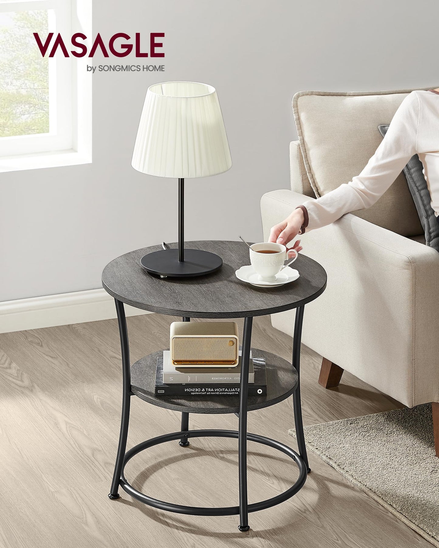 VASAGLE 21.7-Inch Round Side Table, 2-Tier End Table, Nightstand with Steel Frame, Spacious Top, for Small Spaces, Living Room, Bedroom, Misty Gray and Ink Black ULET056G68