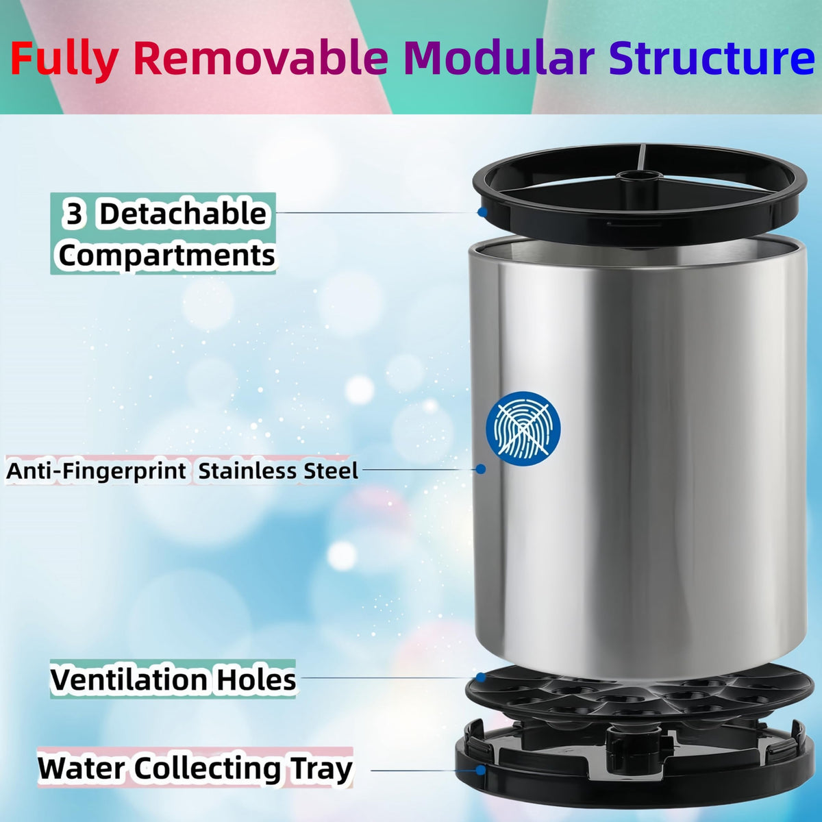 LIBODOUR Kitchen Utensil Holder Extra Large 360°Rotating For Counter Organizer Stainless Steel Storage Cooking Silverware Caddy 3 Compartment Flatware Spoon Spatula Tool Cutlery Container（Silvery）