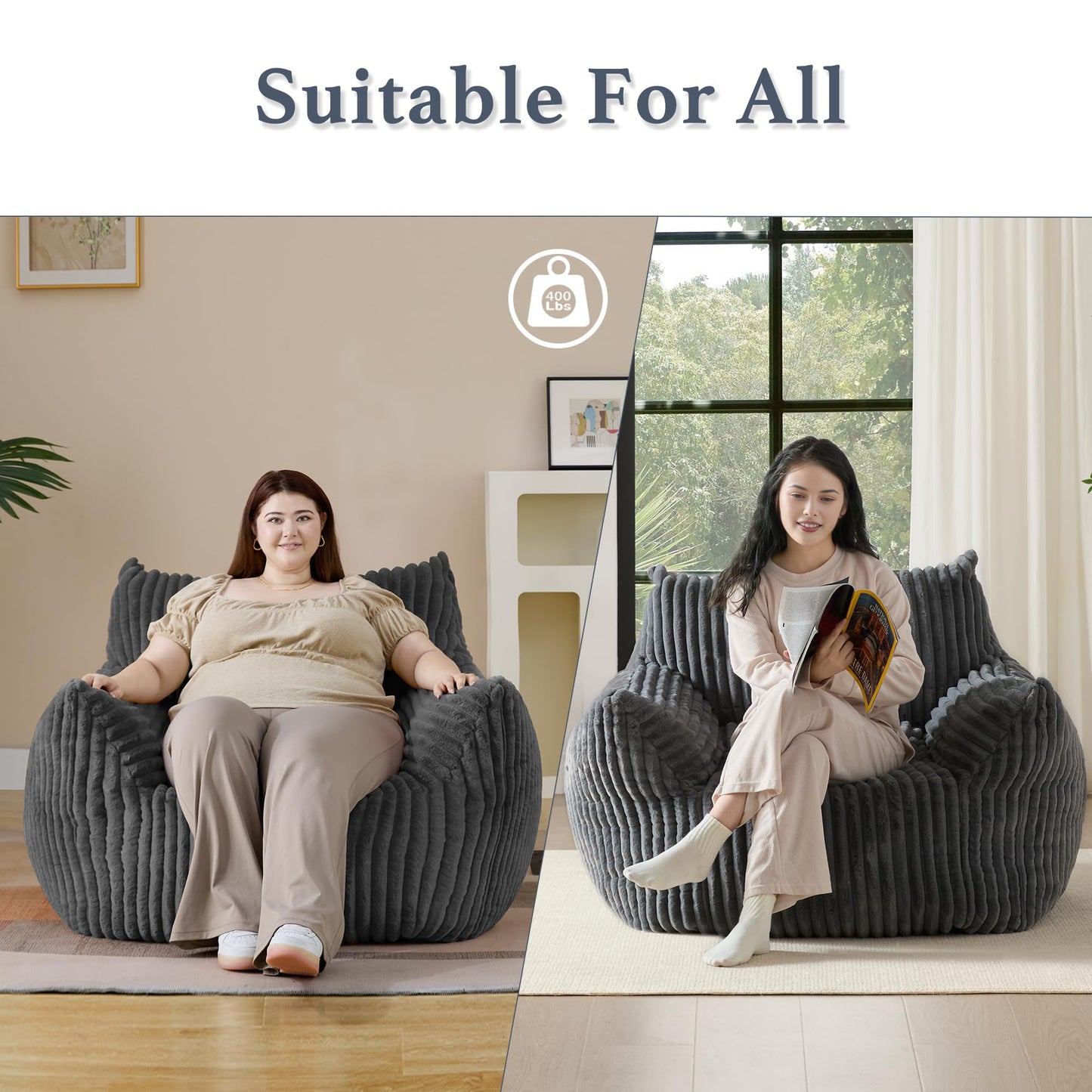 Giant Plush Bean Bag Chair for Adults with Armrests - Oversized Comfy Grey Beanbag Lounge Lazy Floor Sofa Accent Chair for Living Room, Bedroom & Dorm, Cozy Fluffy Single Cloud Mini Couch