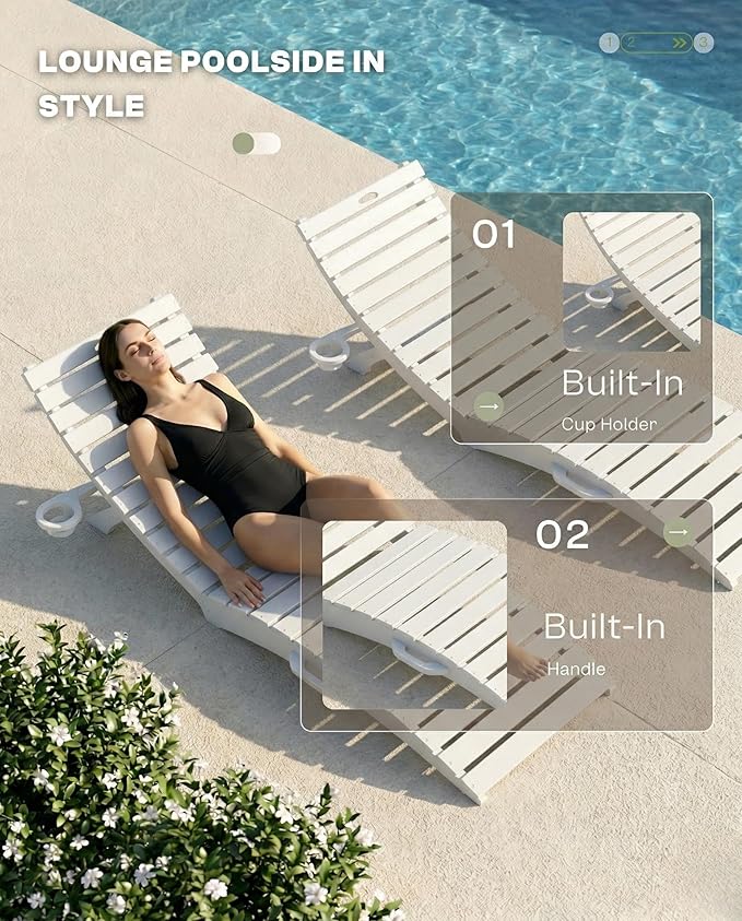 Folding HDPE Pool Lounge Chairs Set of 4, Pre-Assembled Outdoor Chaise Lounge