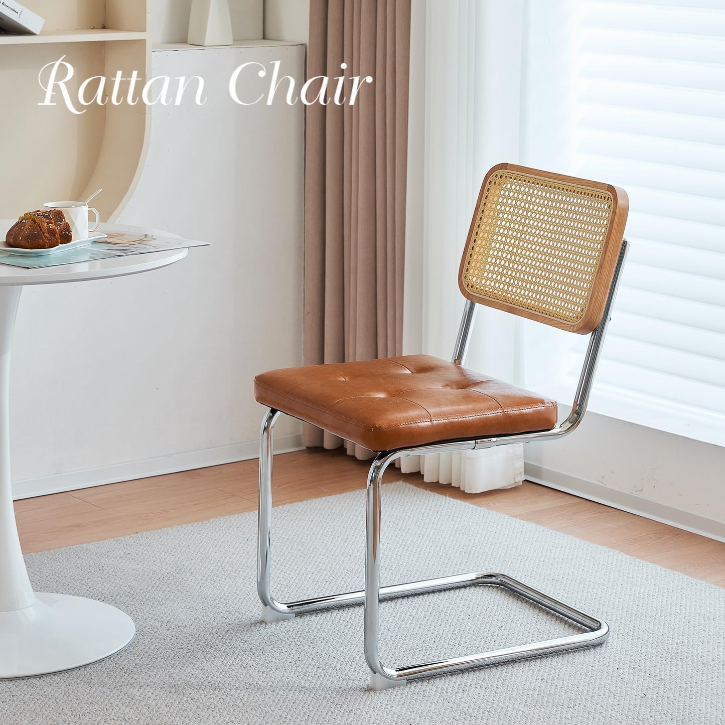 Niusonlan Rattan Cantilever Dining Chair, Single Modern Armless Chair with Chrome Steel Frame, PU Leather Seat and Rattan Backrest, 17.7" Seat Height Kitchen & Dining Room Chair (Brown, Set of 2)