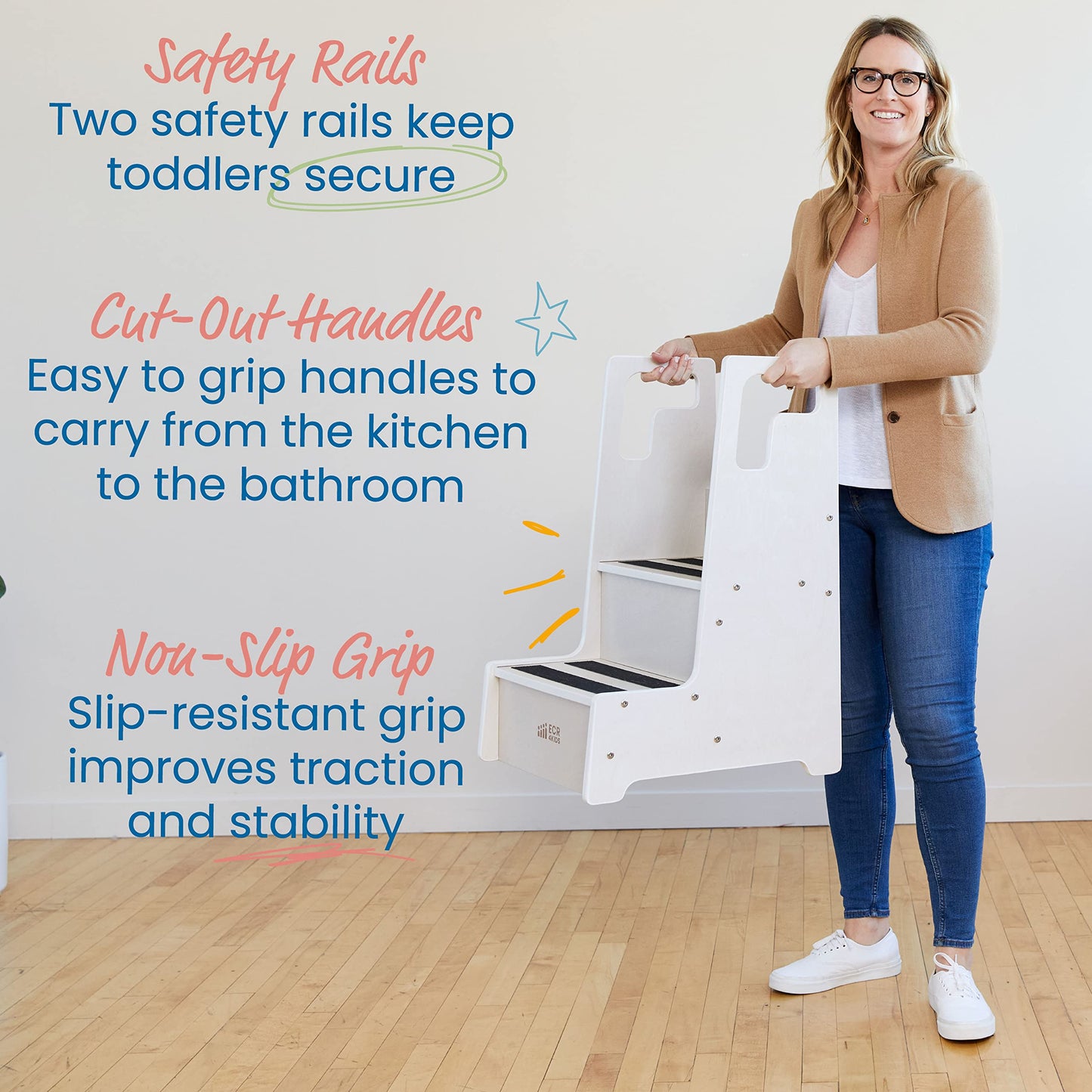 ECR4Kids Reach-Up Step Stool with Handles, Kids Furniture, White Wash