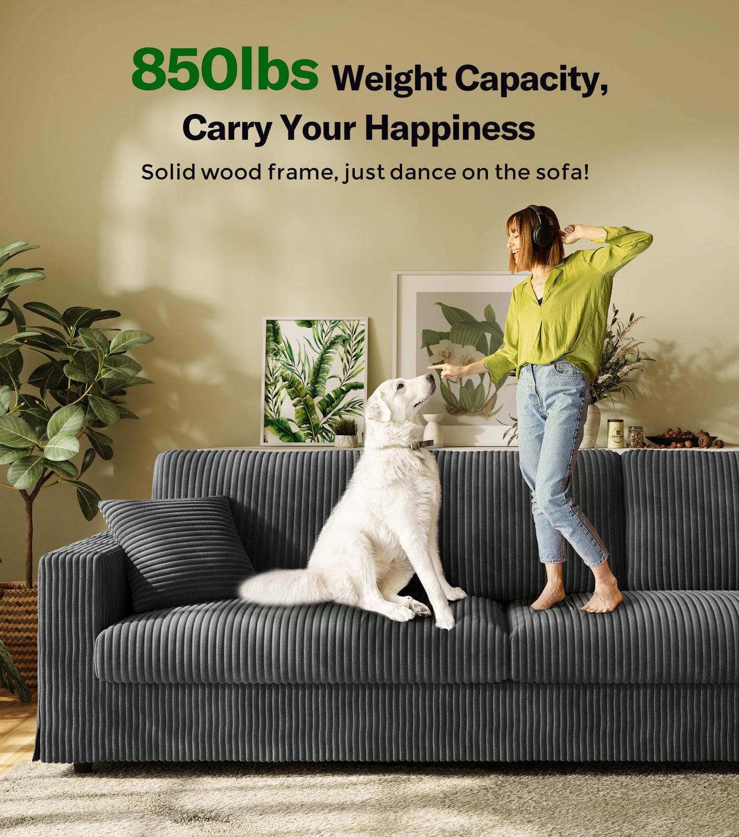 Welzona Plush Corduroy Couch, 101" Comfy Couches for Living Room, Tool-Free Setup Sofas for Living Room 6.3" Extra Wide Armrest, All-Wood Loveseat Sofa Couch for Bedroom/Office, 2 Pillow, Classic Grey