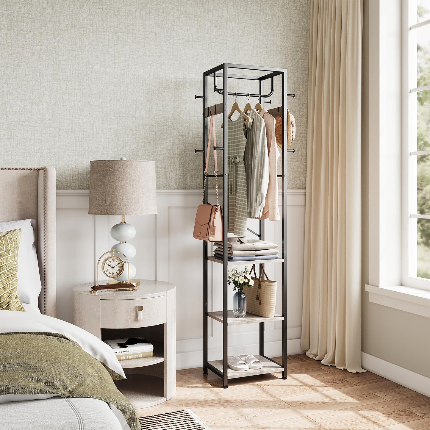 ELYKEN Coat Rack Freestanding, Hall Tree with 3 Storage Shelves and 12 Hooks, Industrial Clothes Rack Stand Organizer for Bedroom, Hallway, Entryway, Office, Living Room, Greige