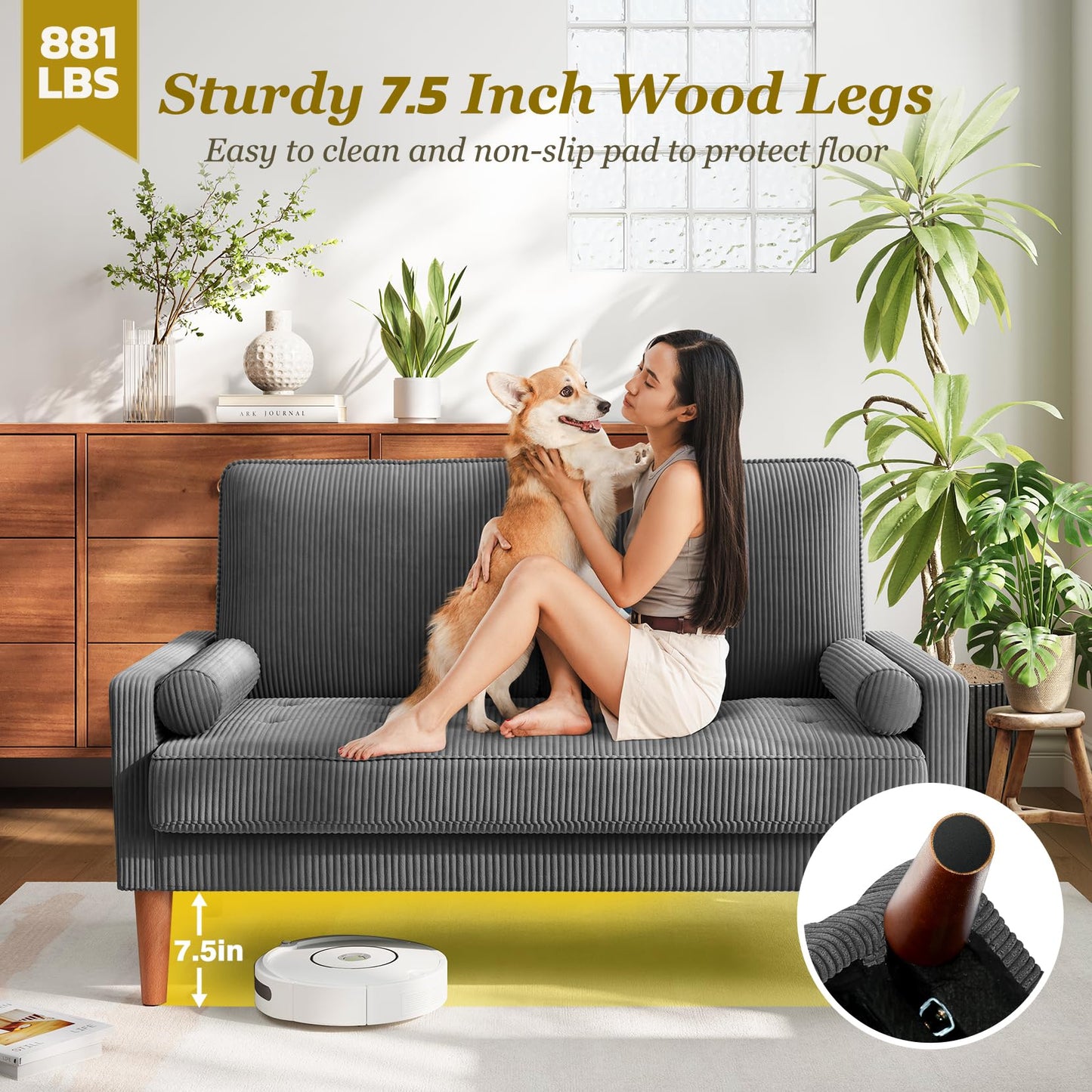 Vesgantti Loveseat Sofa with Solid Wood Legs, Small Corduroy Couches for Small Spaces, Mid Century Modern Love Seat for Living Room, Bedroom, Easy Assembly with Throw Pillow, Grey