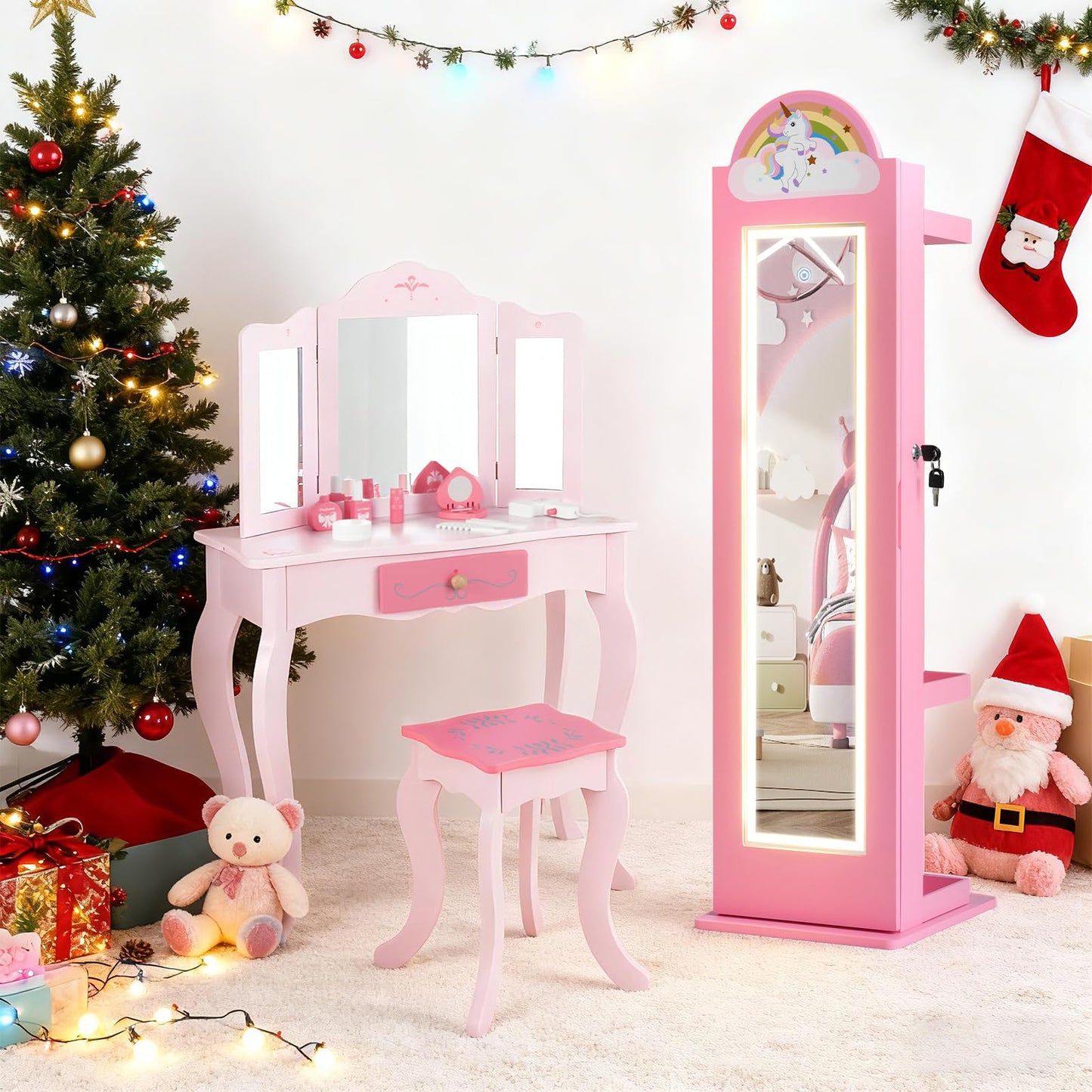 INFANS Kids Jewelry Armoire Cabinet with LED Lights, Lockable Standing Organizer with Full-length Mirror, Unicorn Theme Children Vanity Dress Up Storage Rack for Girls