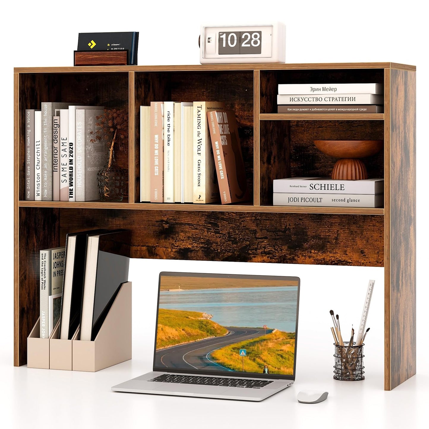Tangkula Desktop Bookshelf, Countertop Storage Hutch with 4 Shelves for Computer Desk, Desk 2-Tier Display Rack, Multipurpose Wood Desktop Hutch Storage Organizer for Dorm Office Home
