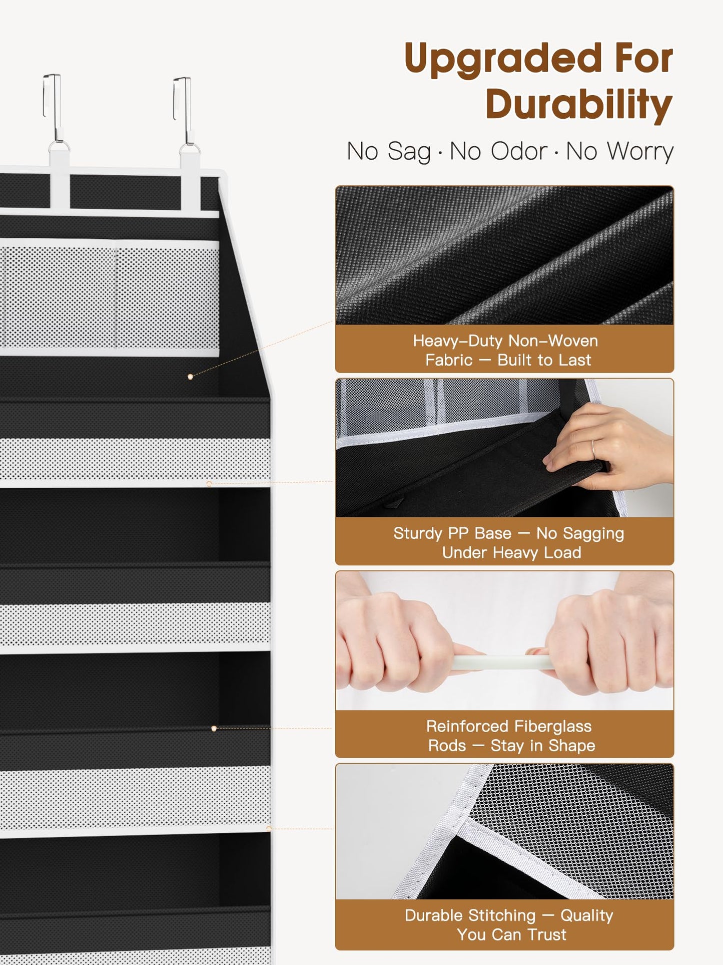 Criusia Over the Door Organizer, Heavy-Duty 6-Shelf Hanging Storage with 13 Mesh Pockets, 55lbs Capacity Behind the Door Storage for Nursery, Bathroom, Bedroom, and Dorm, Black